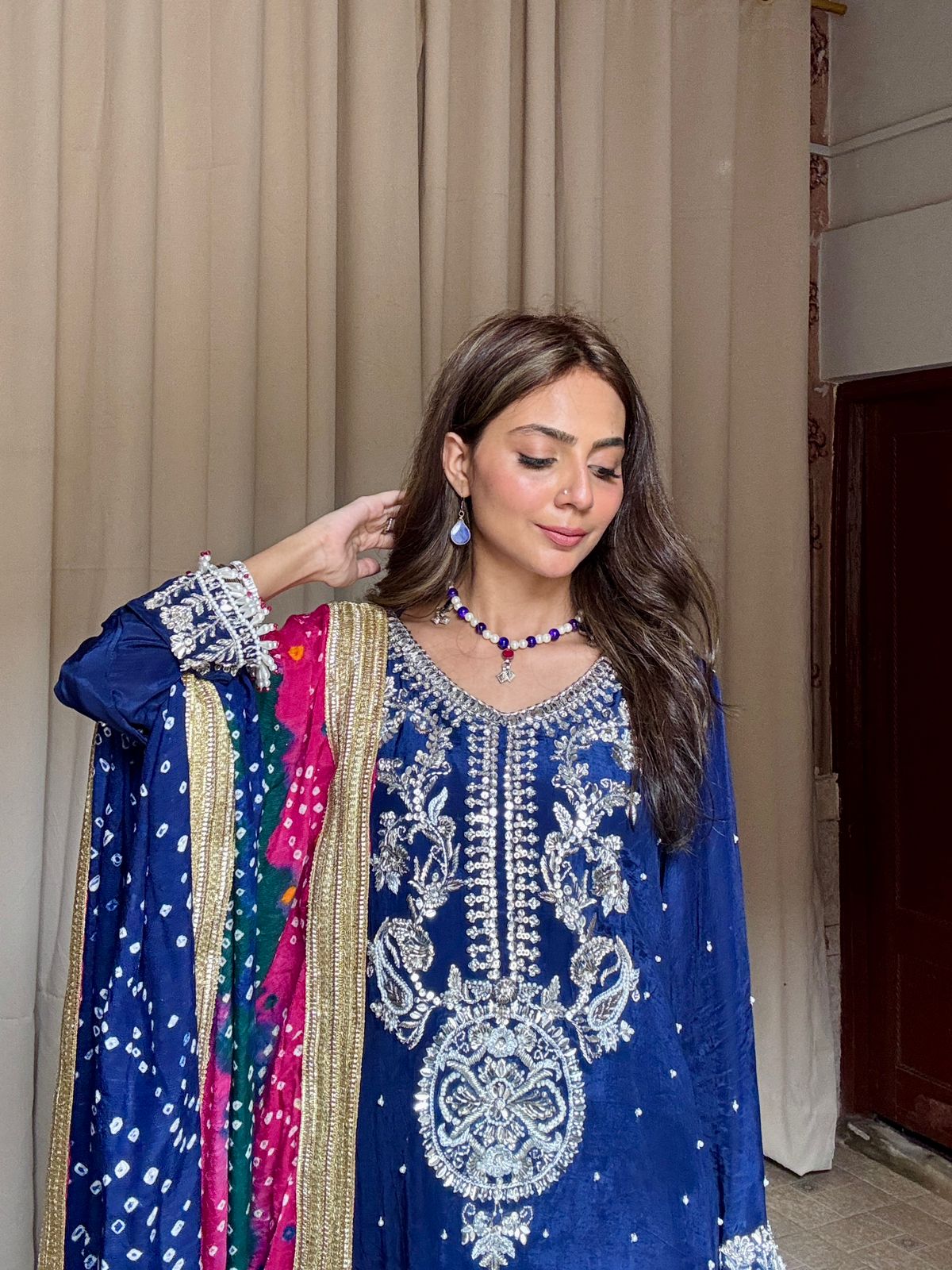 Royal Blue Silk 3-Piece Party Wear with Multi-Color Chunri Dupatta