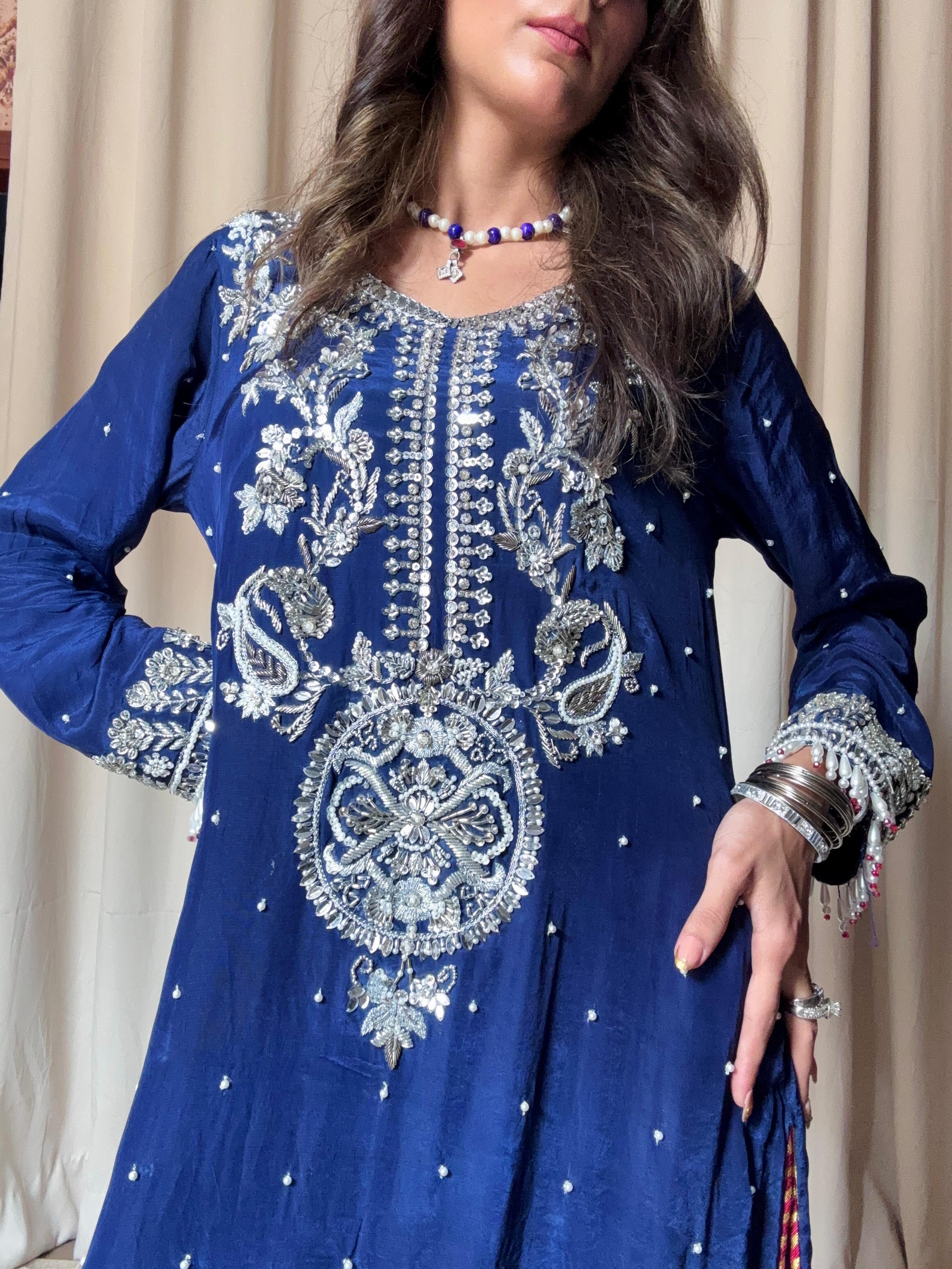 Royal Blue Silk 3-Piece Party Wear with Multi-Color Chunri Dupatta