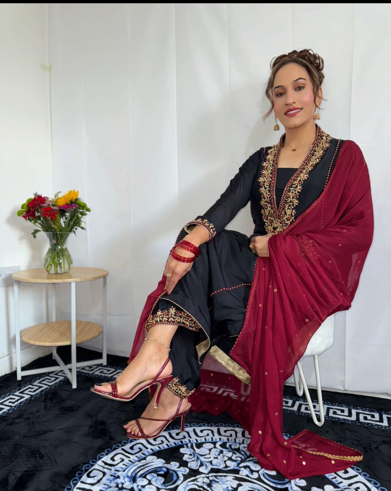 Black & Maroon Embroidered Silk 3-Piece Formal Wear