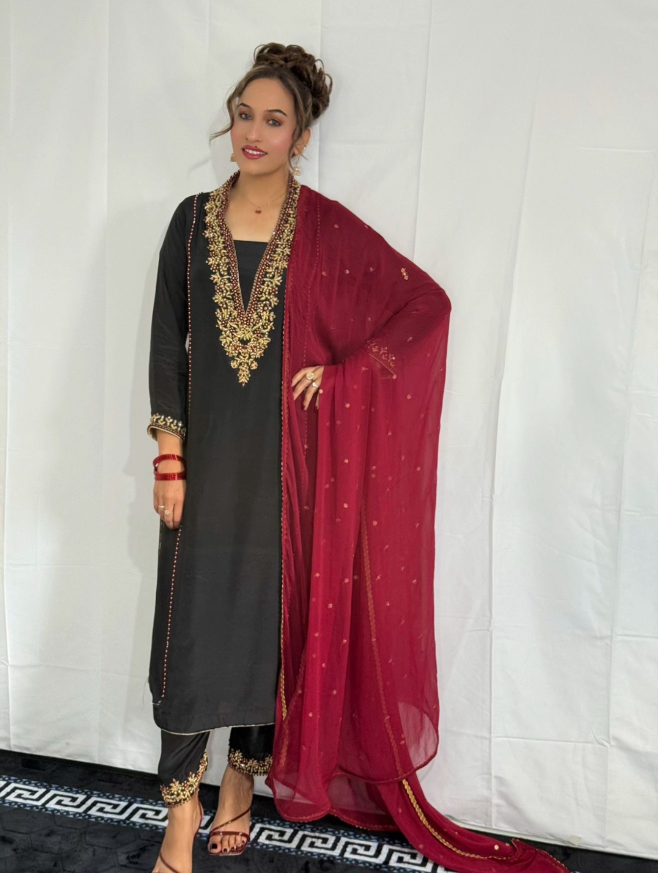 Black & Maroon Embroidered Silk 3-Piece Formal Wear