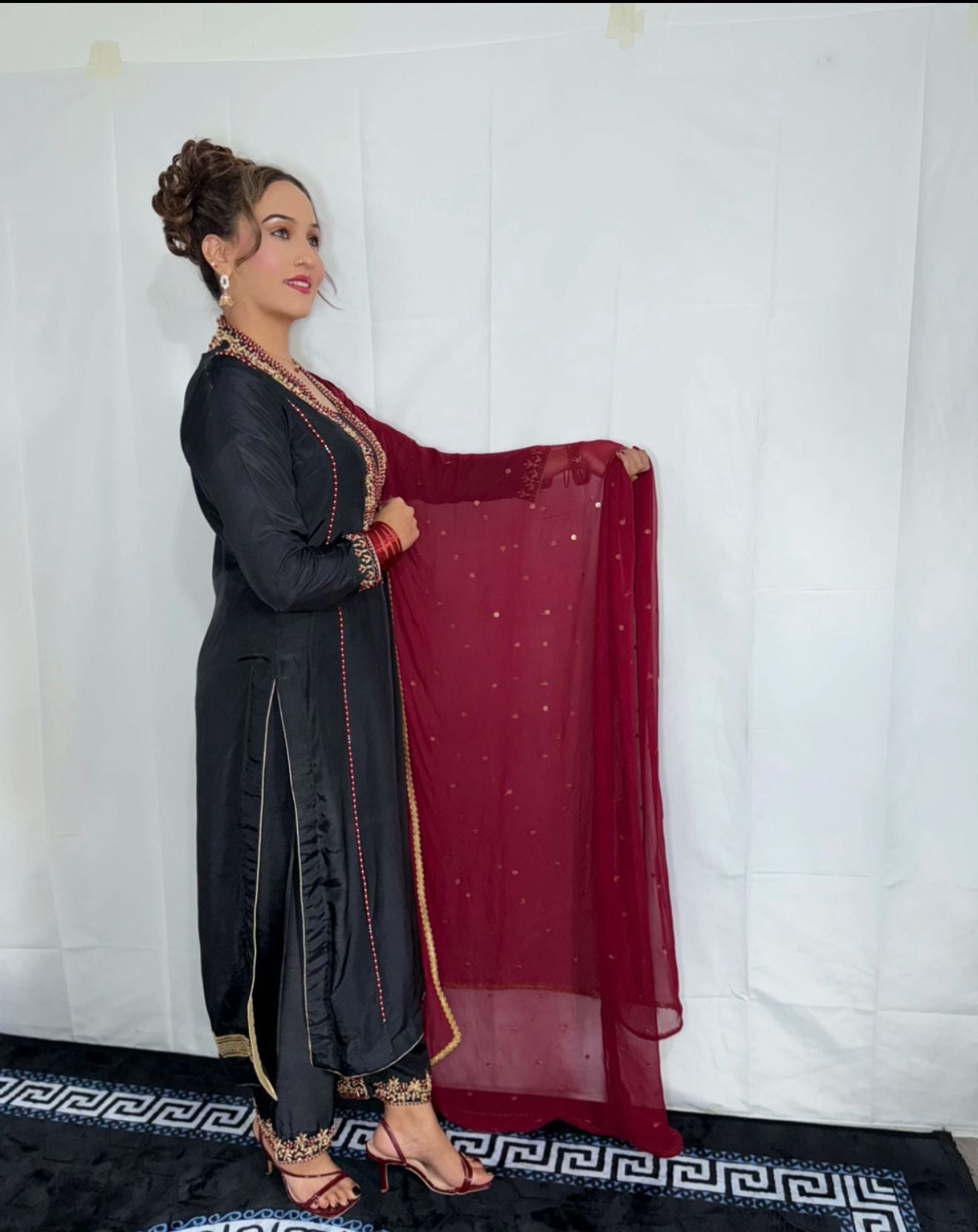 Black & Maroon Embroidered Silk 3-Piece Formal Wear