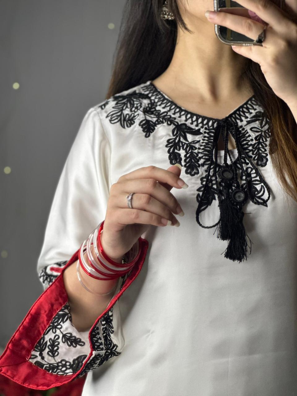 Elegant White Silk 3-Piece Suit with Black Embroidery & Red Dupatta