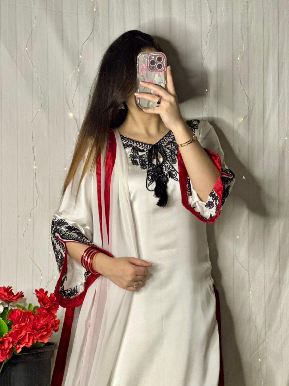 Elegant White Silk 3-Piece Suit with Black Embroidery & Red Dupatta
