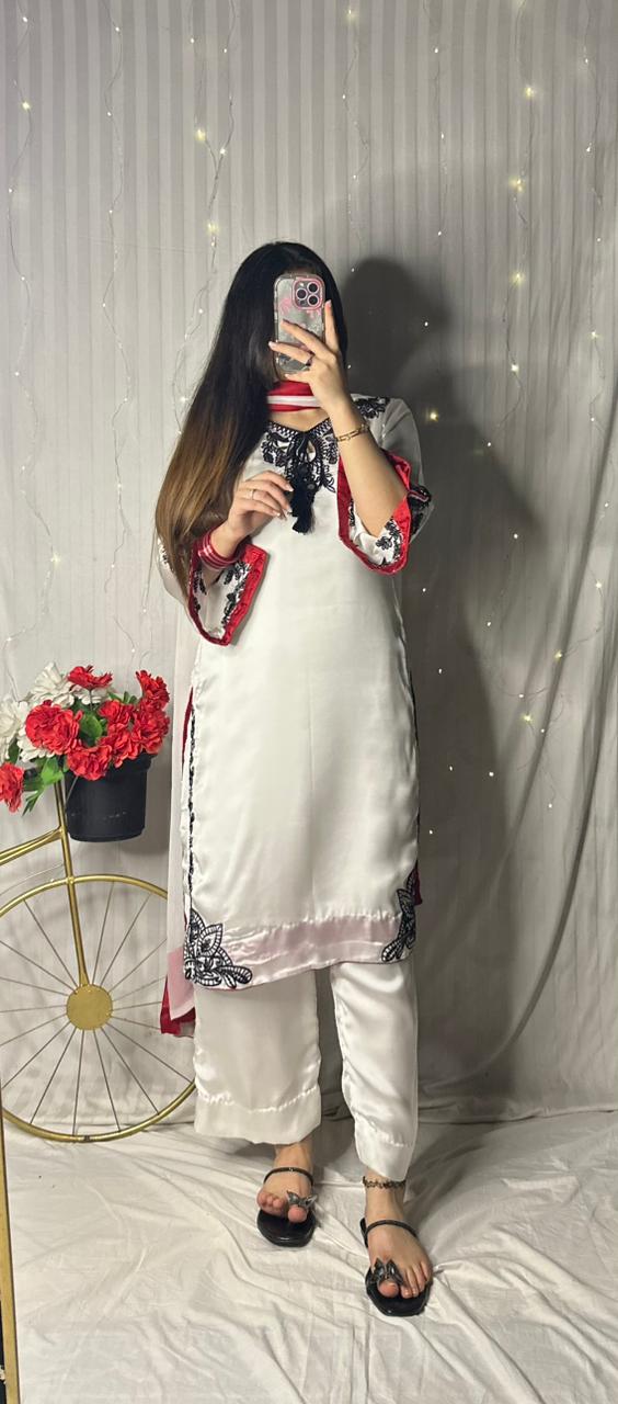 Elegant White Silk 3-Piece Suit with Black Embroidery & Red Dupatta