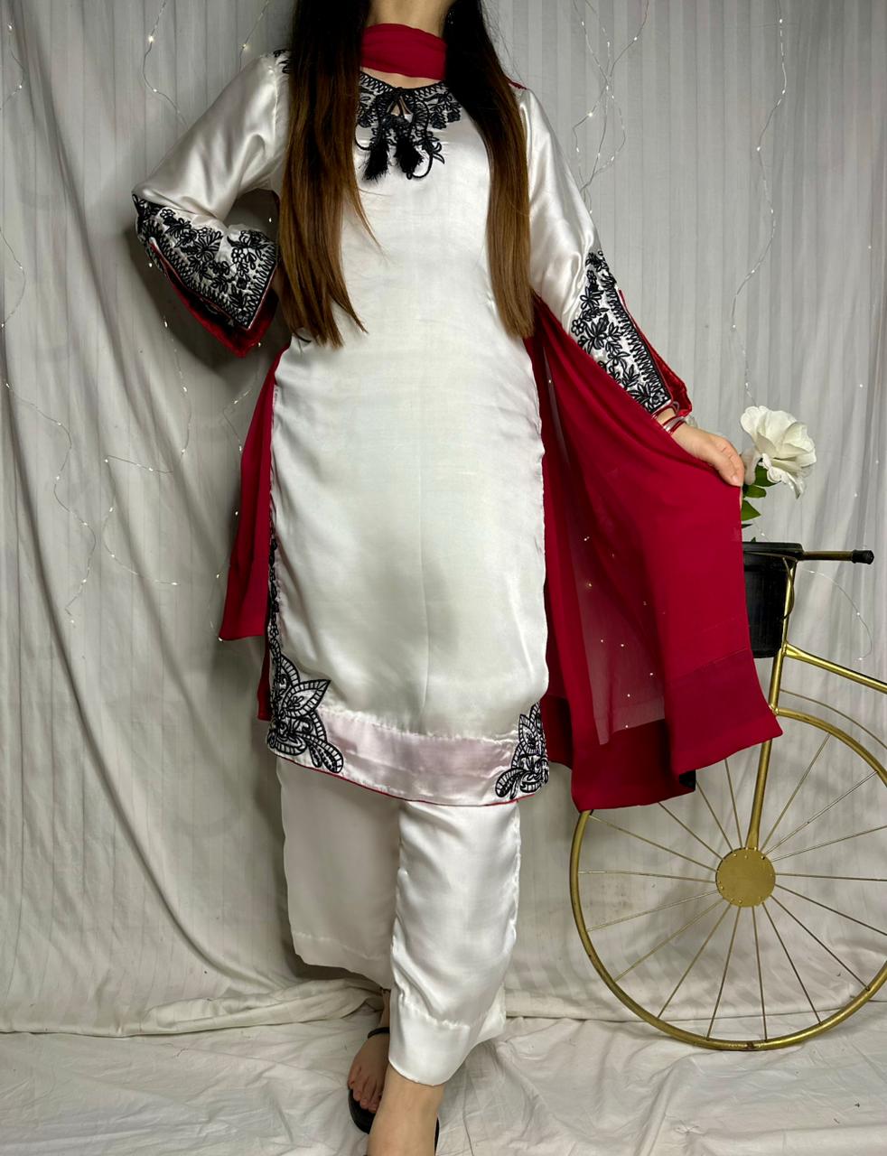 Elegant White Silk 3-Piece Suit with Black Embroidery & Red Dupatta
