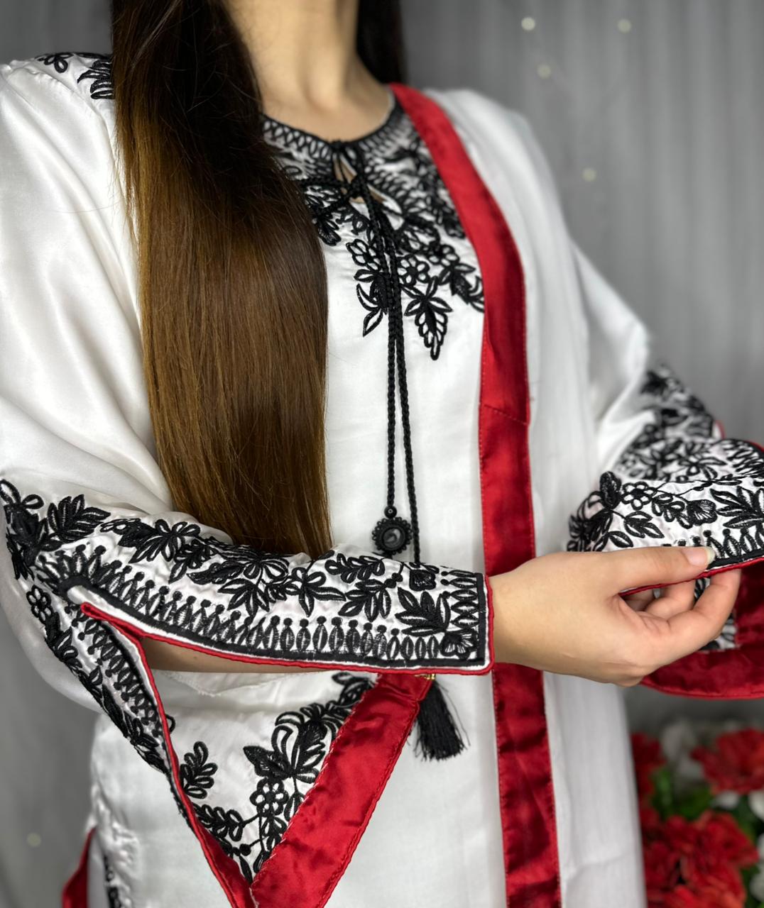 Elegant White Silk 3-Piece Suit with Black Embroidery & Red Dupatta