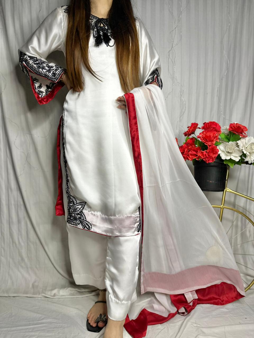 Elegant White Silk 3-Piece Suit with Black Embroidery & Red Dupatta