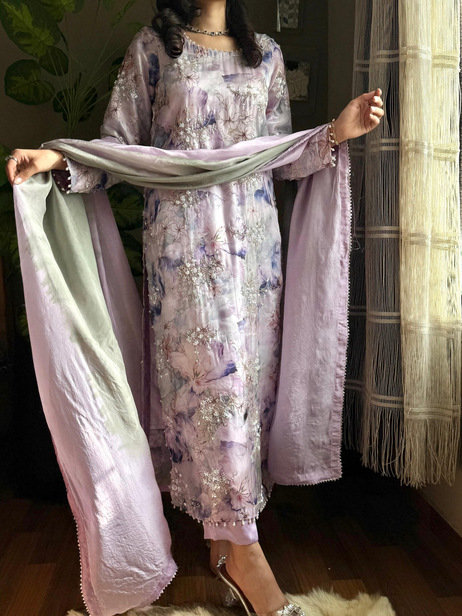 Shisha Silk Embroidered & Sequin Work 3-Piece Suit – Pastel Lilac