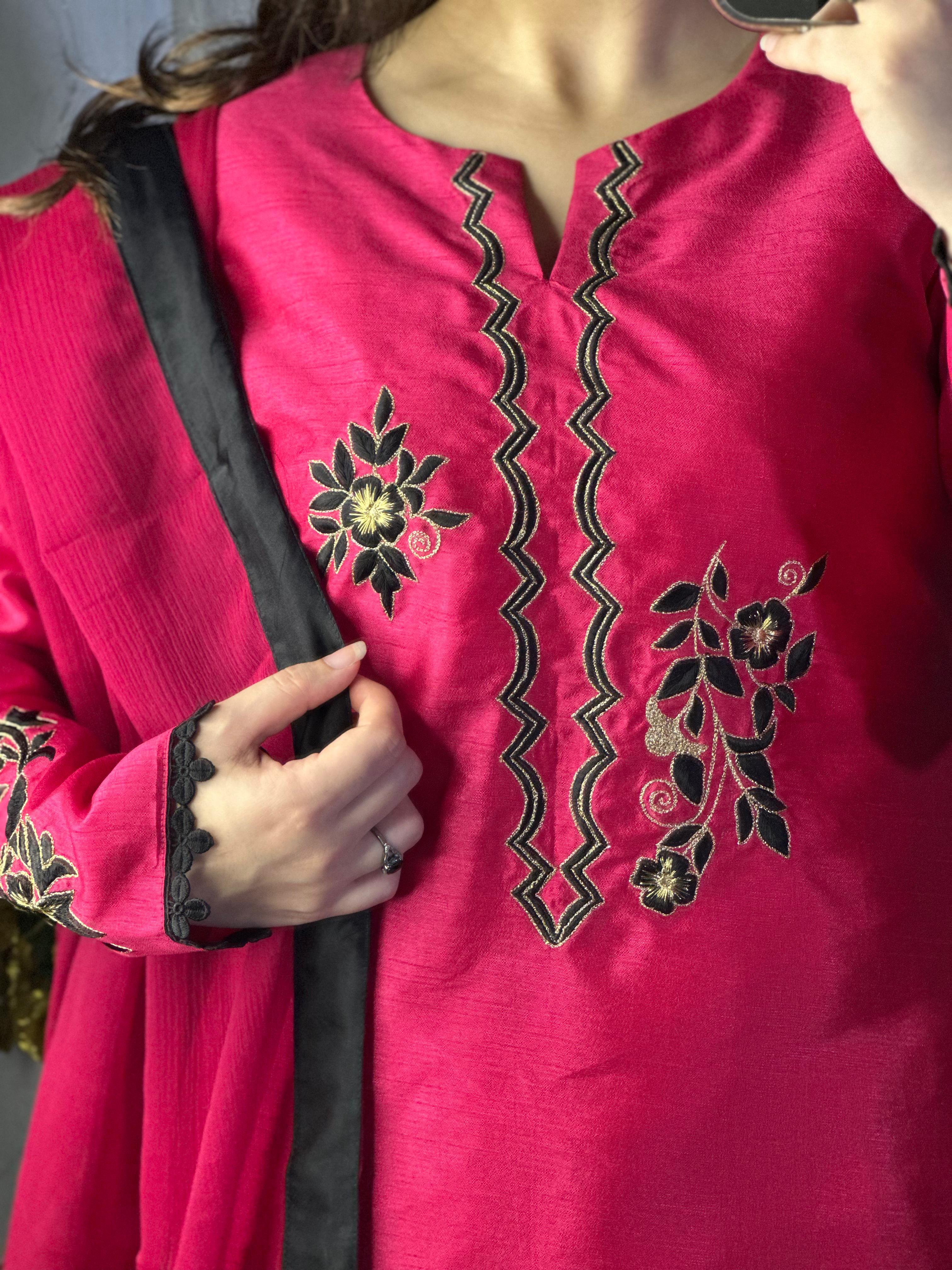Hot Pink Embroidered Raw Silk 3-Piece Suit