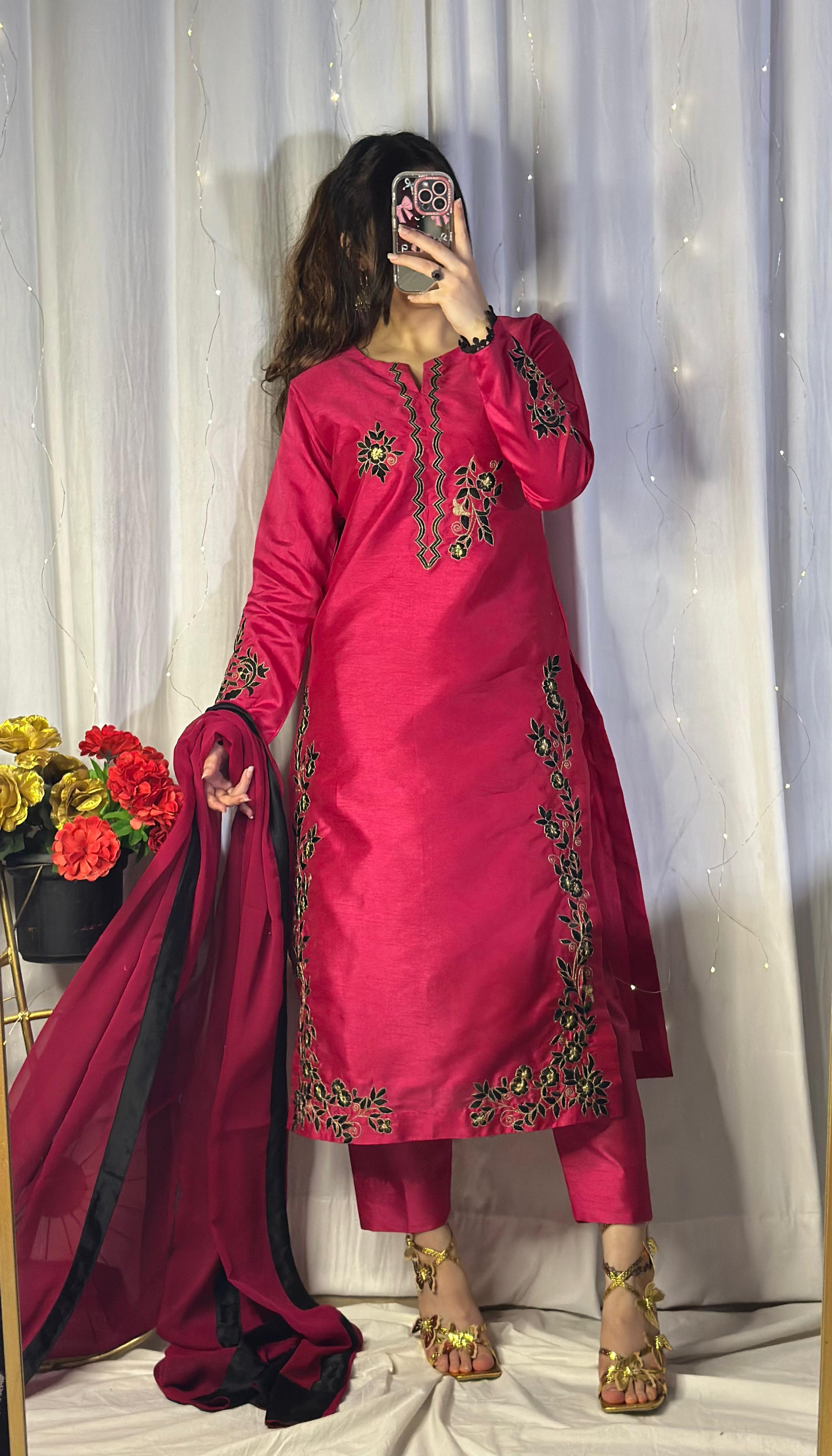 Hot Pink Embroidered Raw Silk 3-Piece Suit