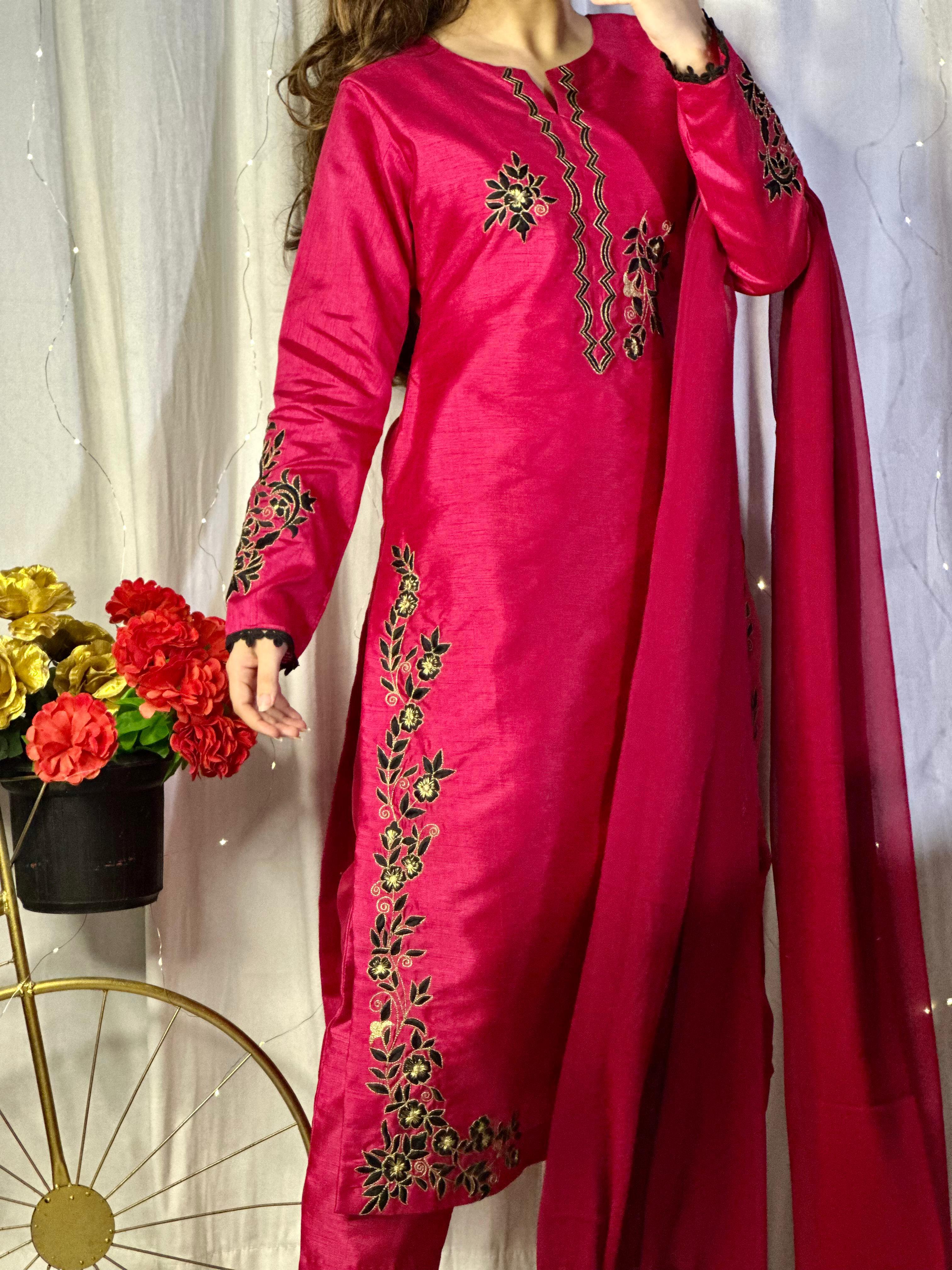 Hot Pink Embroidered Raw Silk 3-Piece Suit