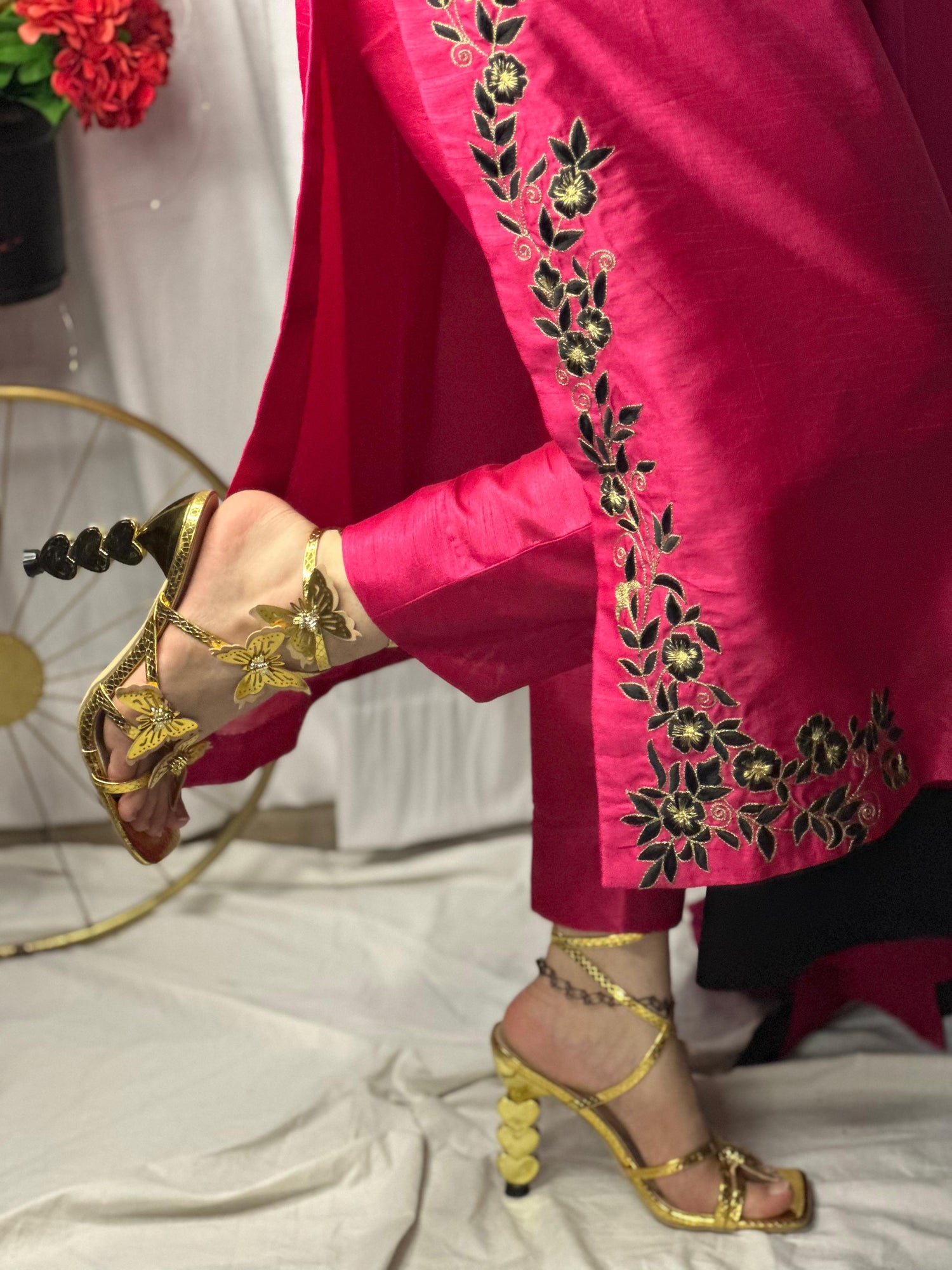 Hot Pink Embroidered Raw Silk 3-Piece Suit