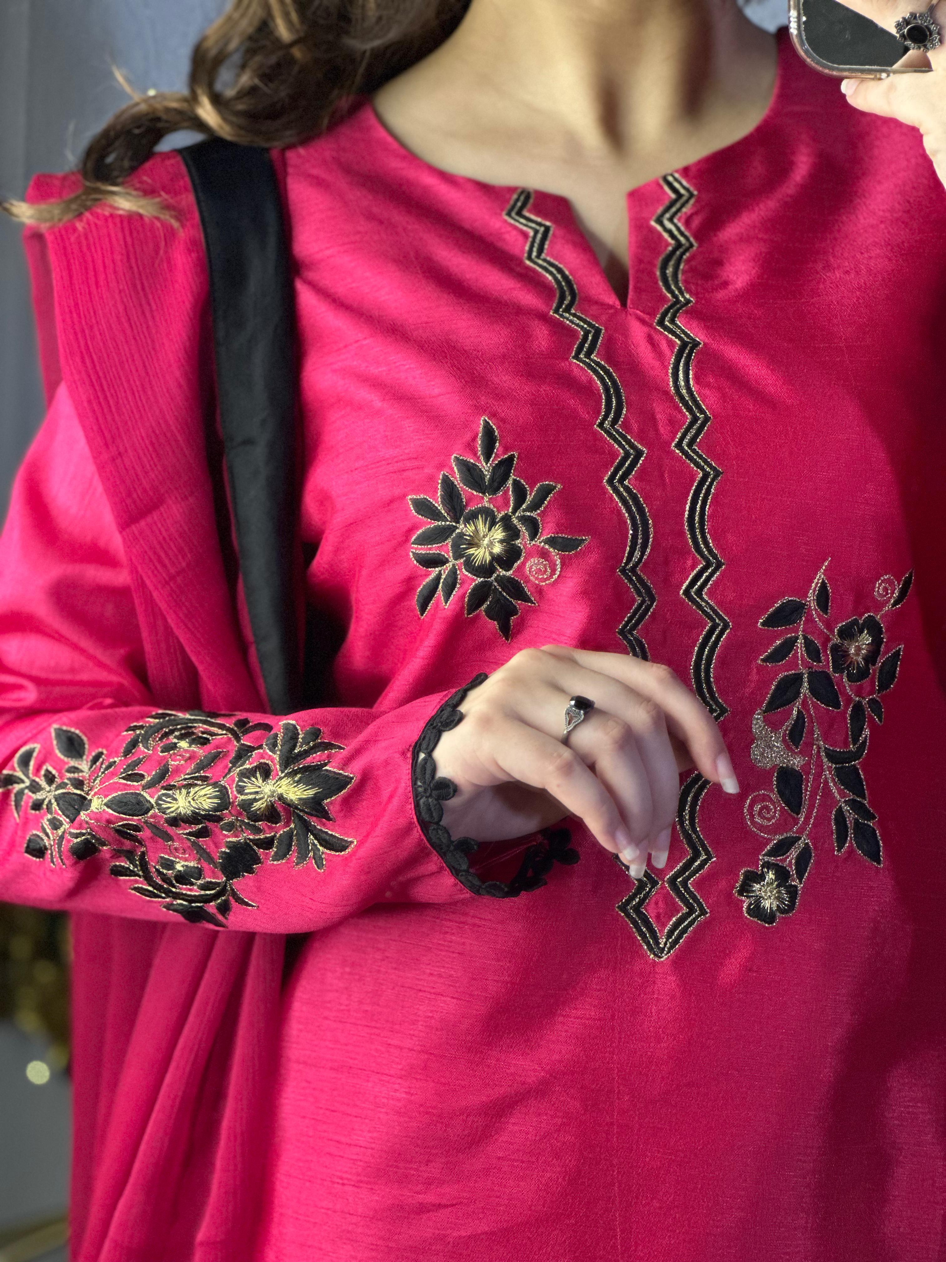 Hot Pink Embroidered Raw Silk 3-Piece Suit