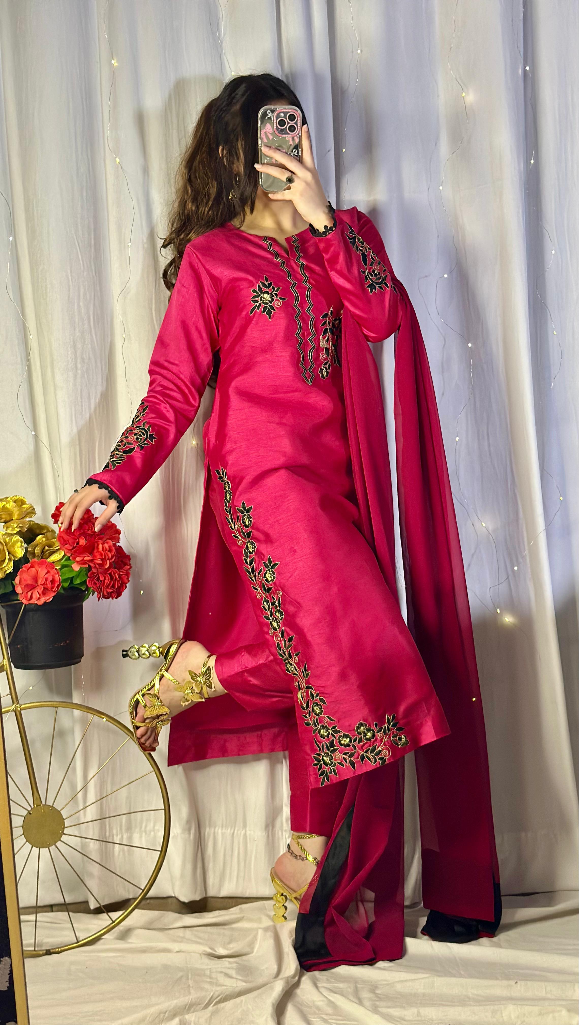 Hot Pink Embroidered Raw Silk 3-Piece Suit