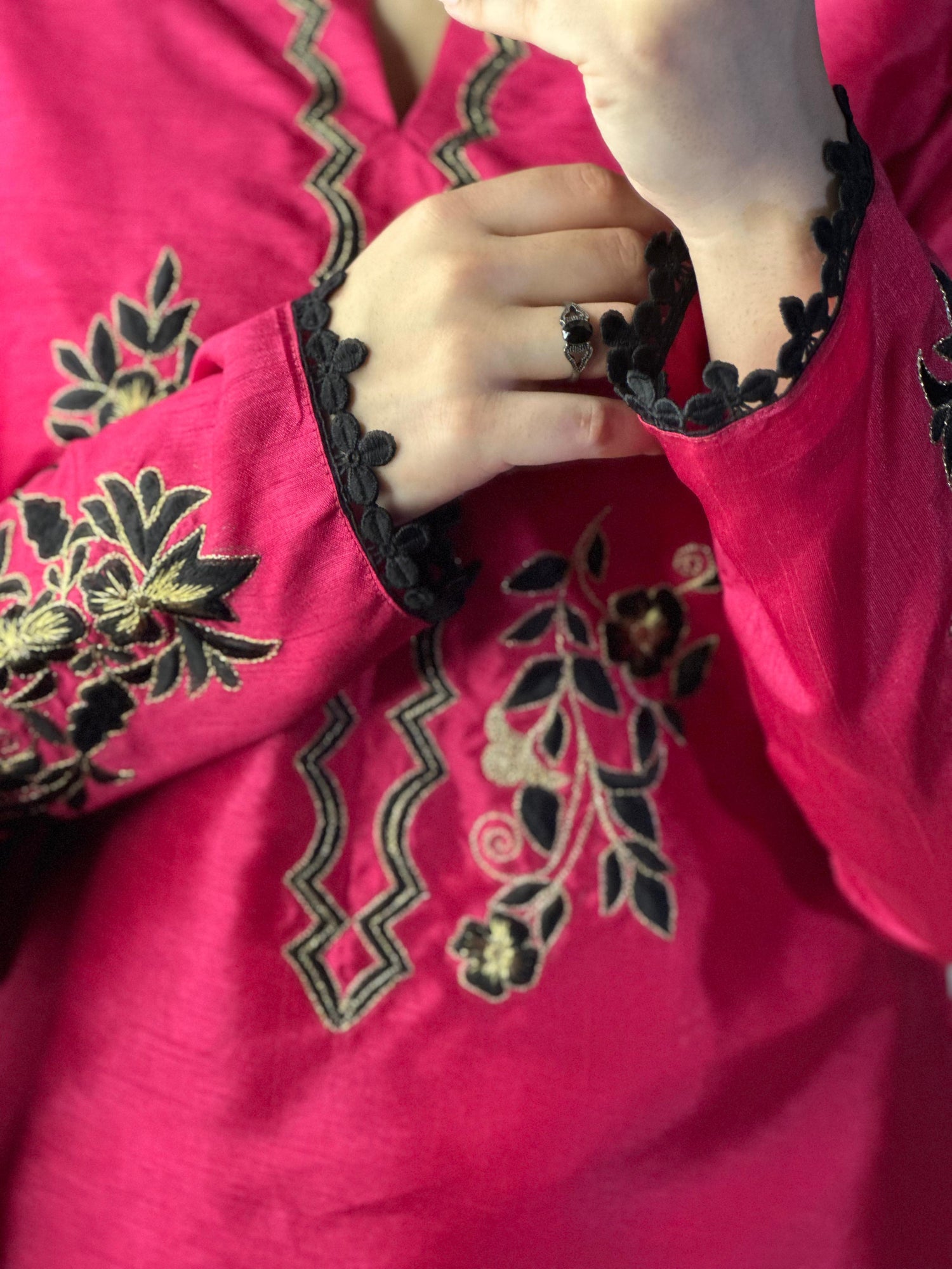 Hot Pink Embroidered Raw Silk 3-Piece Suit