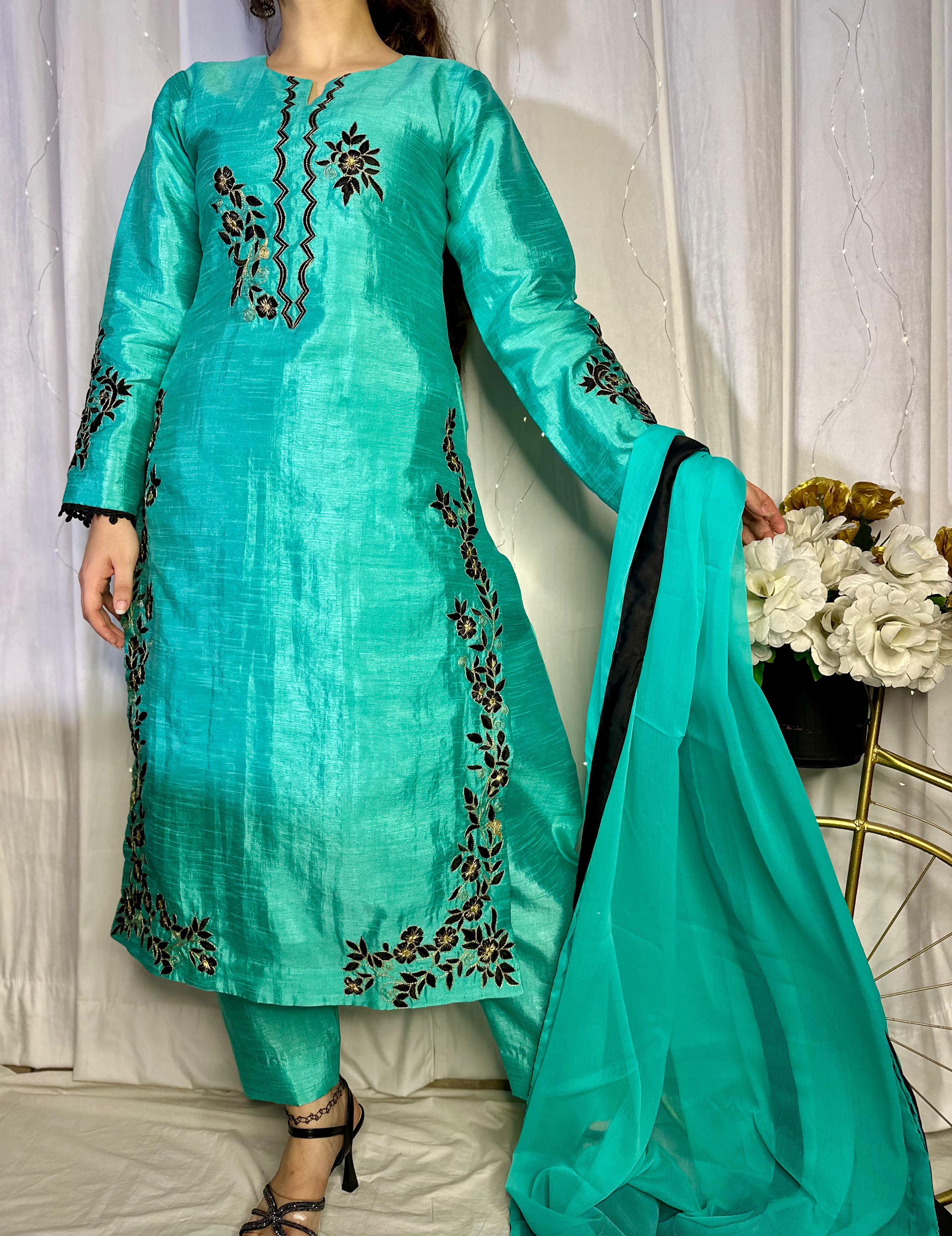Teal Blue Embroidered Raw Silk 3-Piece Suit