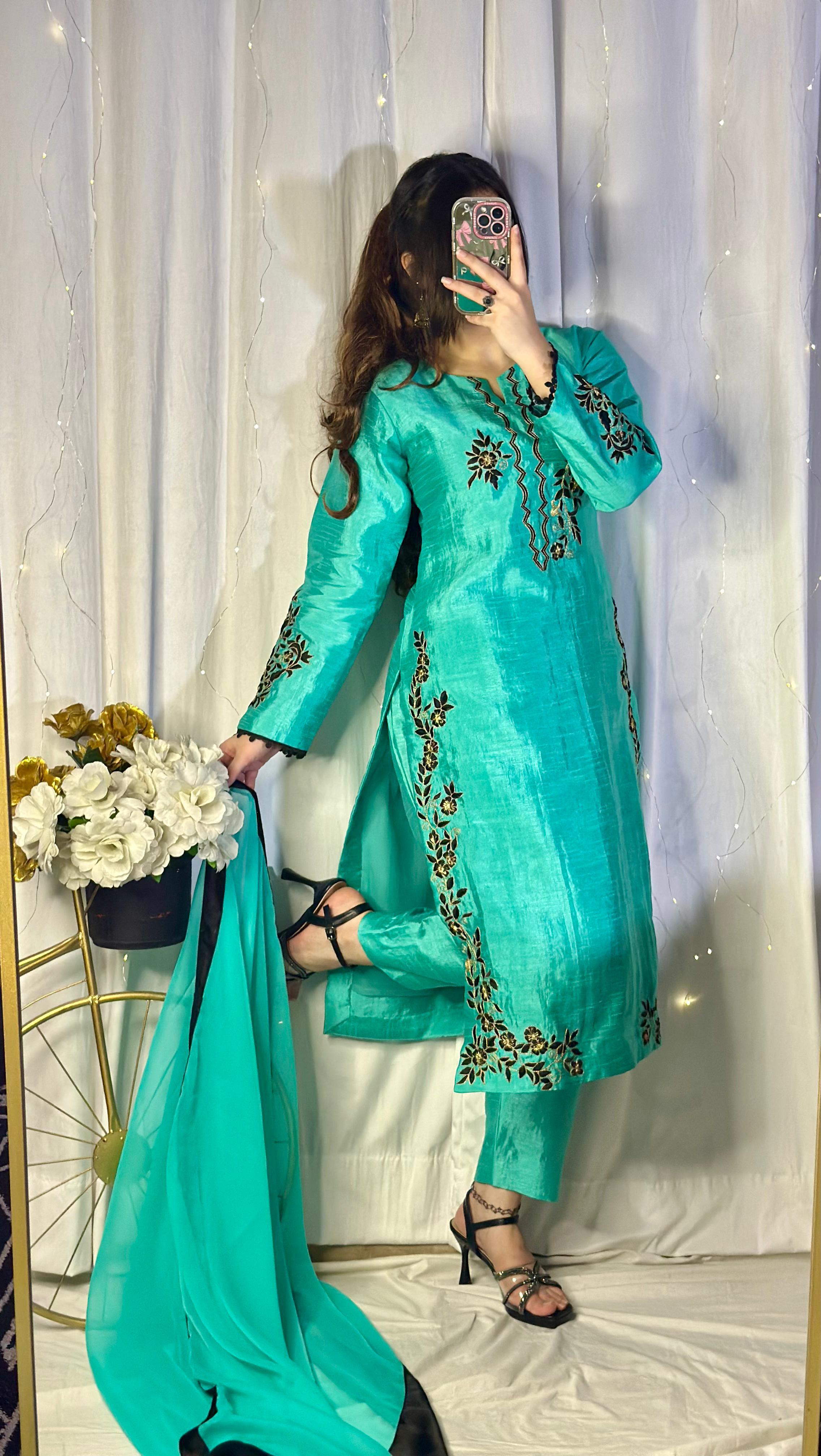 Teal Blue Embroidered Raw Silk 3-Piece Suit