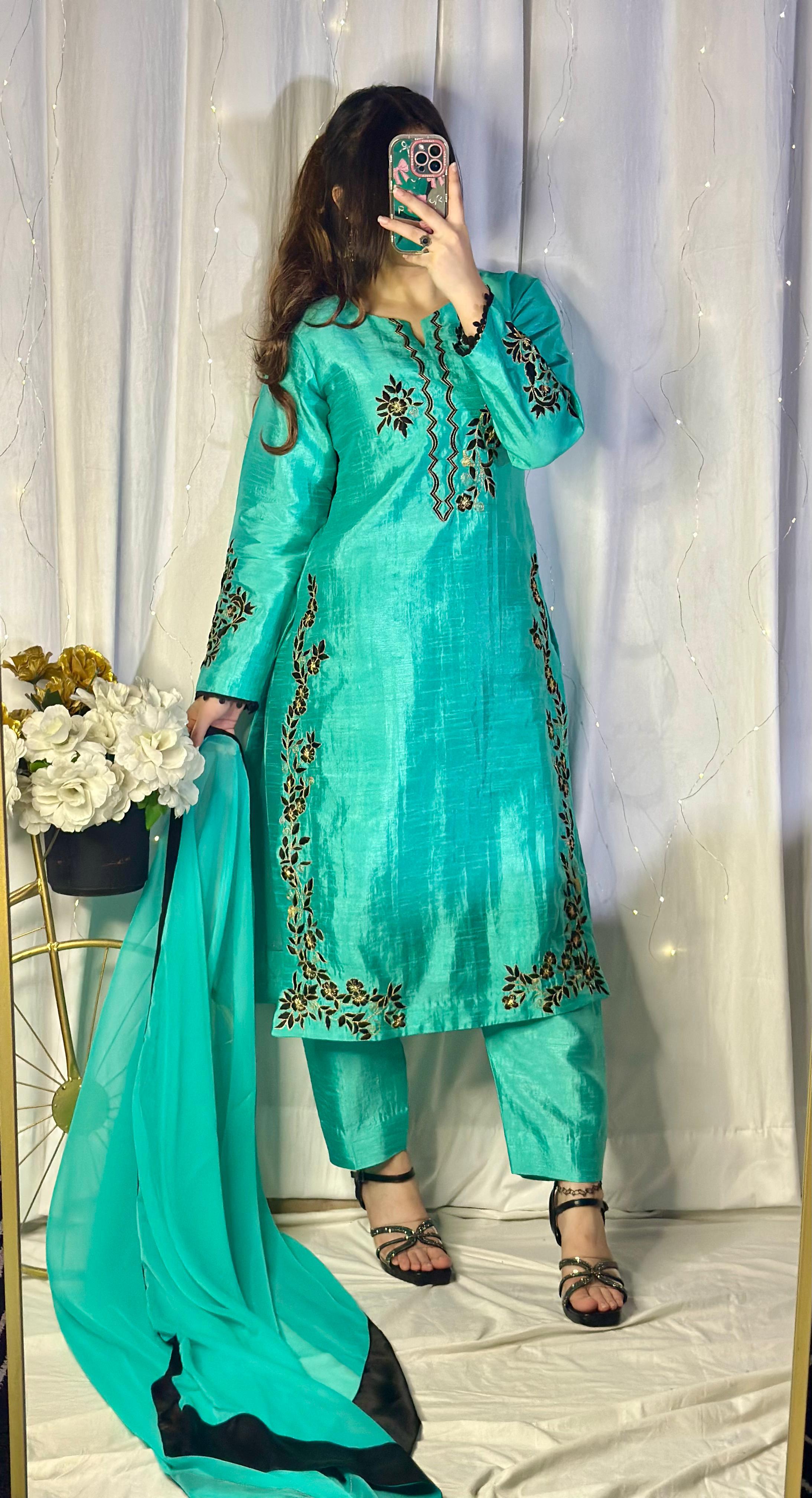 Teal Blue Embroidered Raw Silk 3-Piece Suit