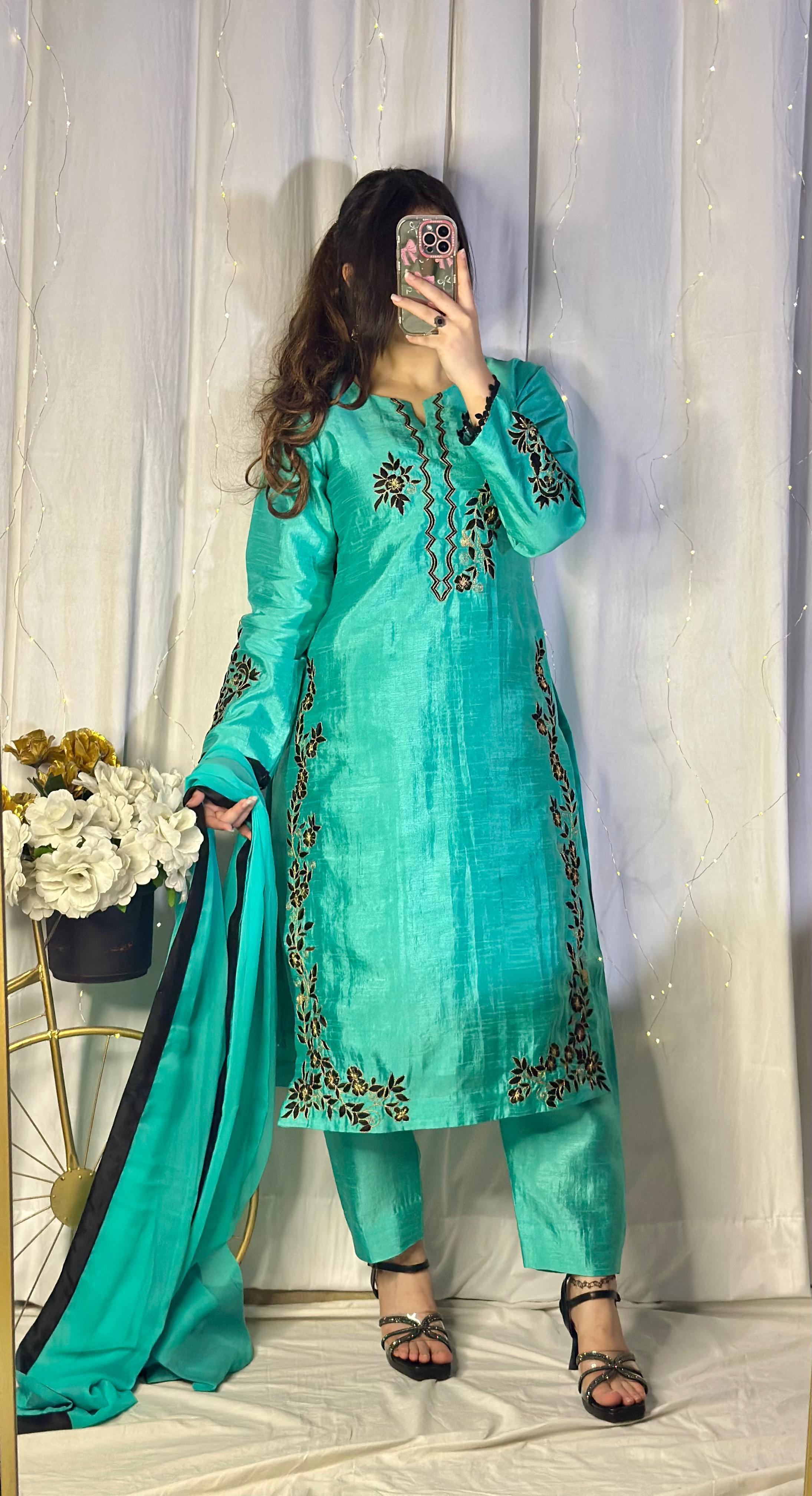 Teal Blue Embroidered Raw Silk 3-Piece Suit