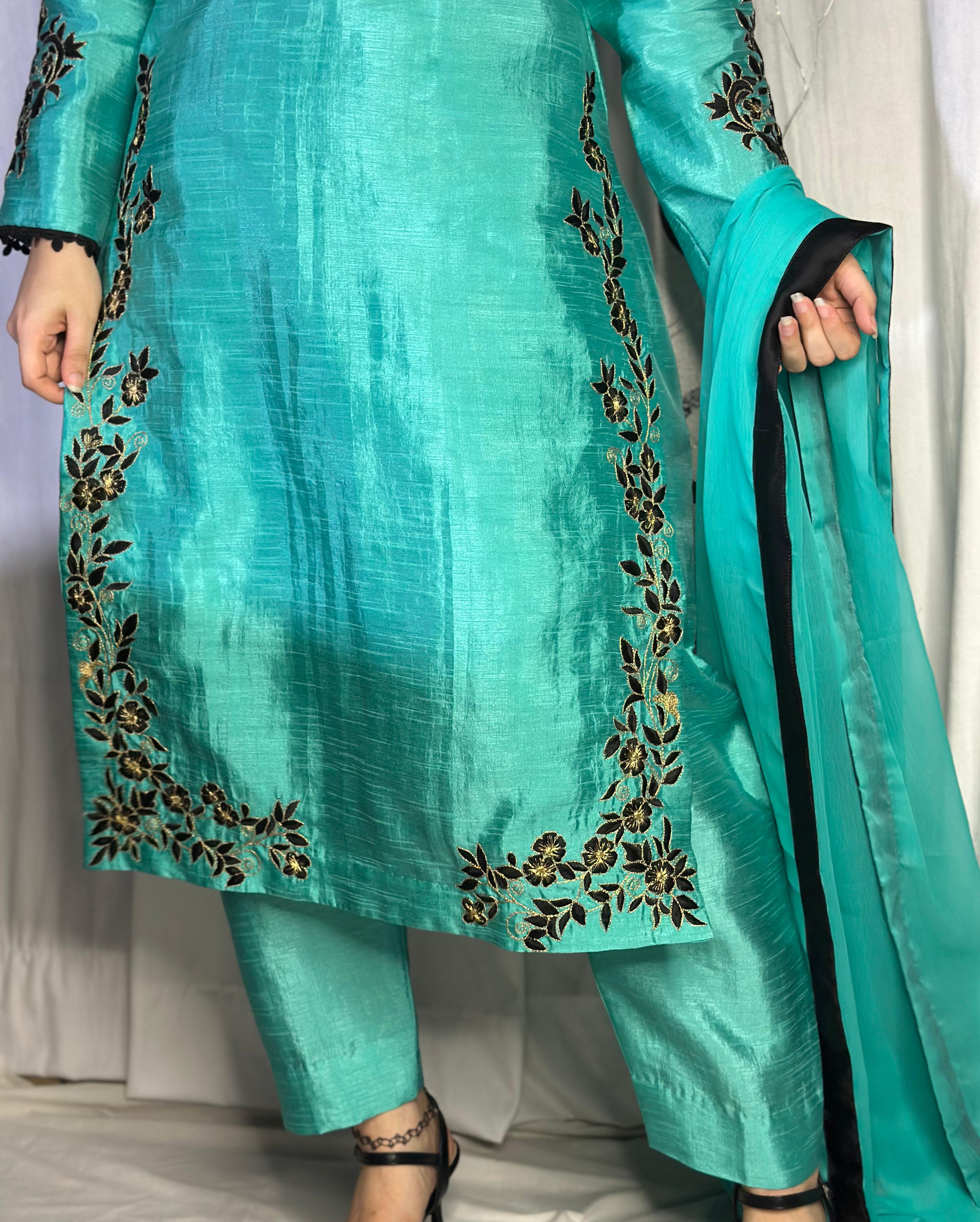 Teal Blue Embroidered Raw Silk 3-Piece Suit