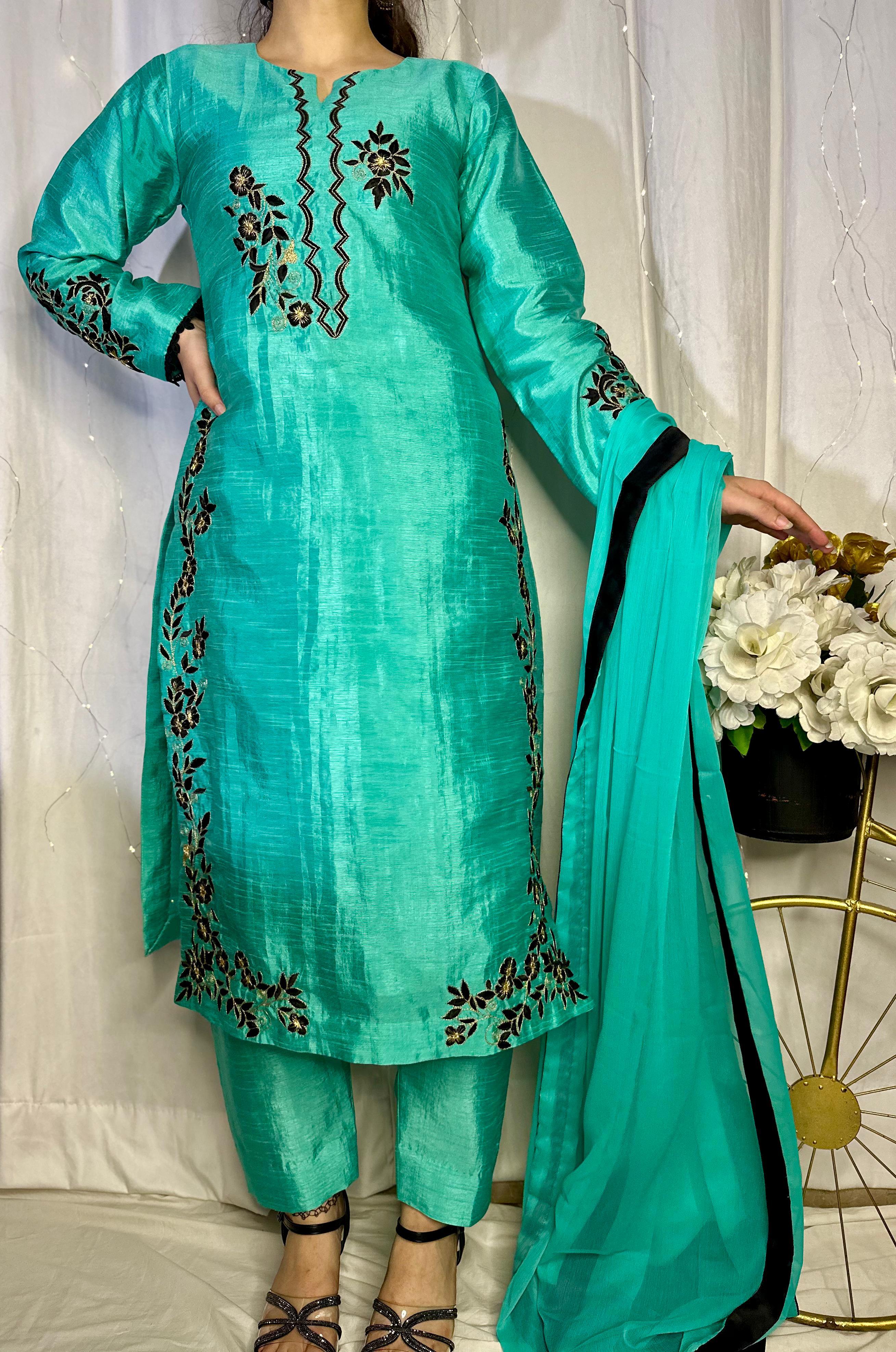 Teal Blue Embroidered Raw Silk 3-Piece Suit