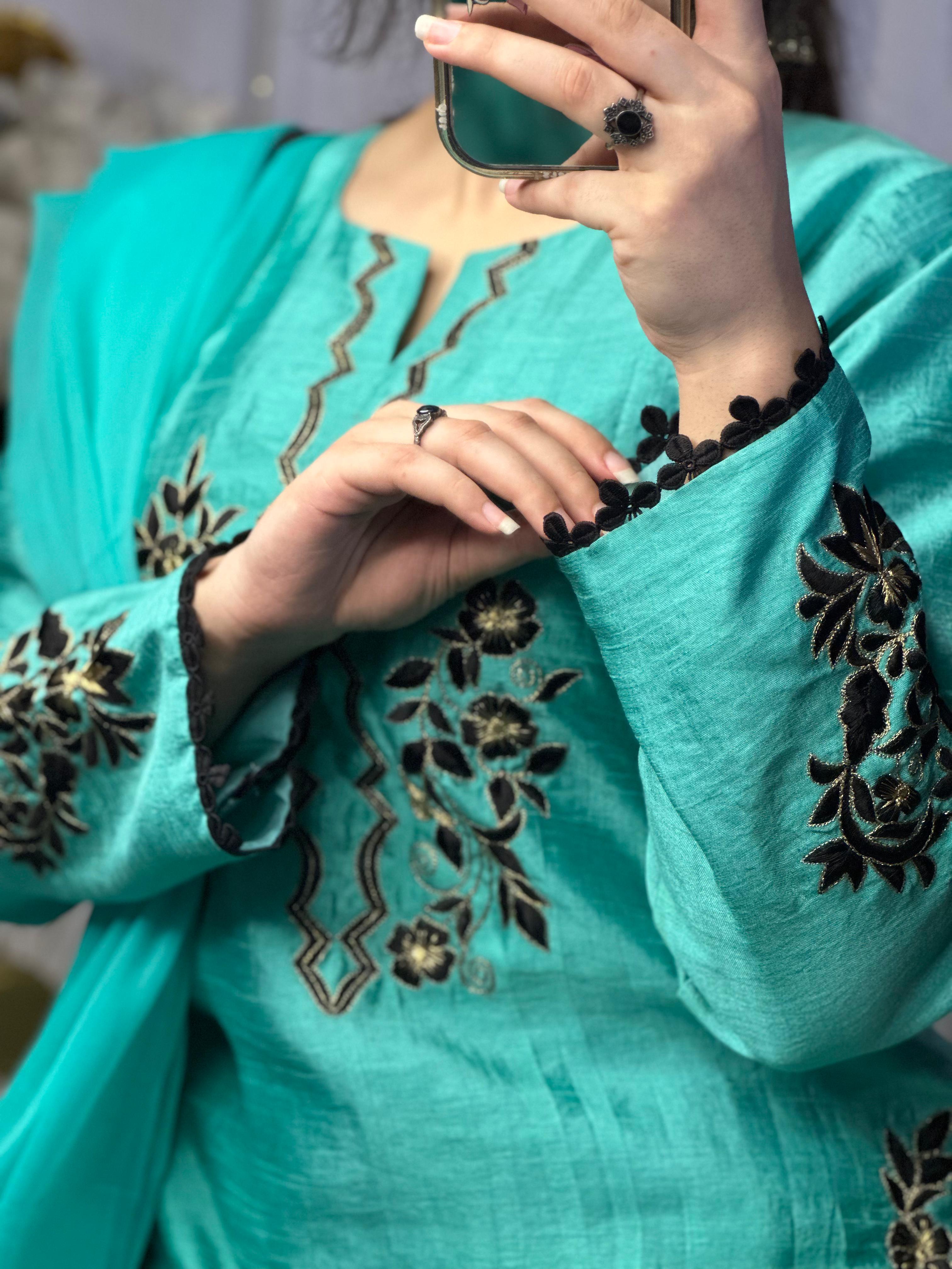 Teal Blue Embroidered Raw Silk 3-Piece Suit