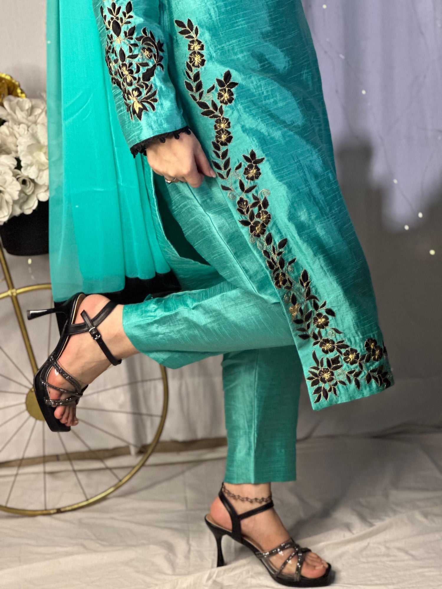 Teal Blue Embroidered Raw Silk 3-Piece Suit