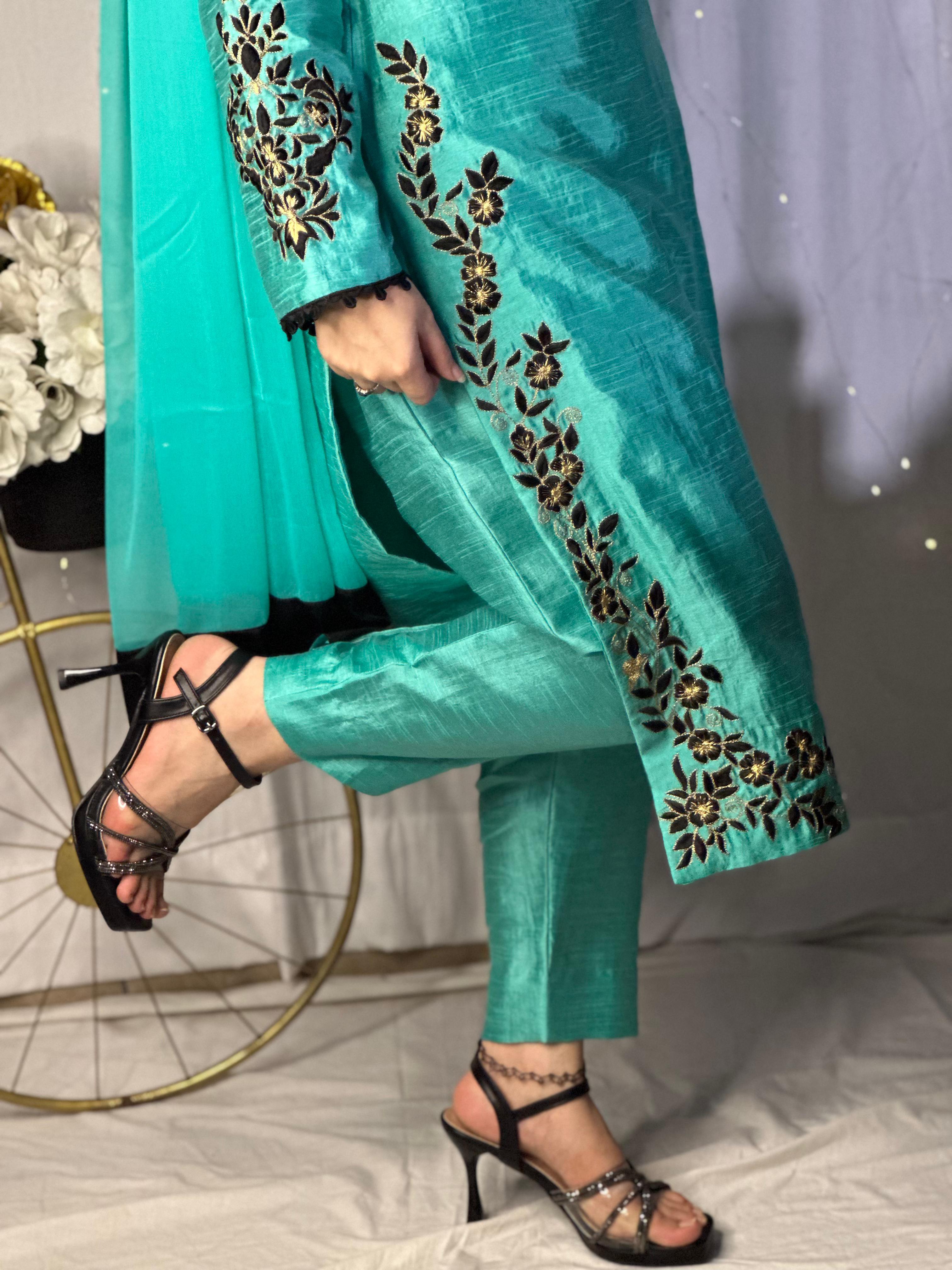 Teal Blue Embroidered Raw Silk 3-Piece Suit