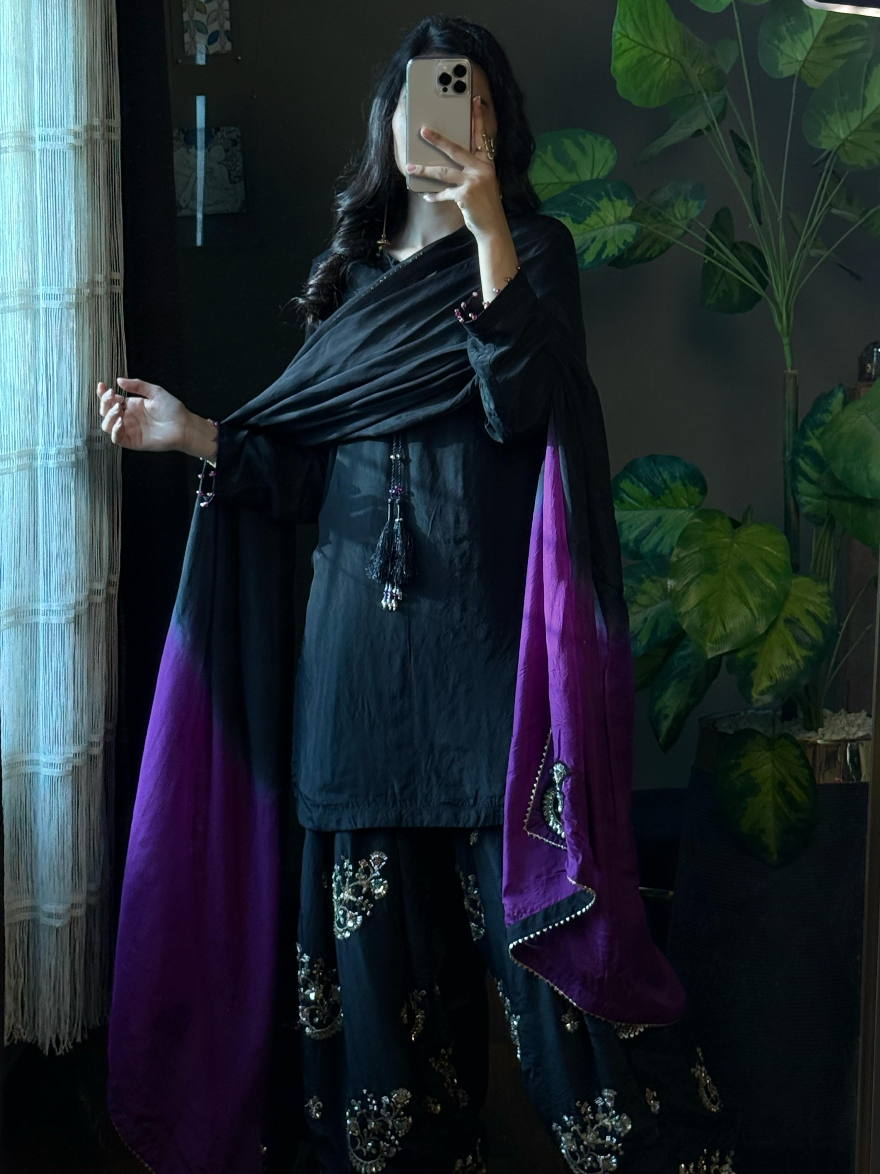 Black & Purple Embroidered Raw Silk Farshi Suit