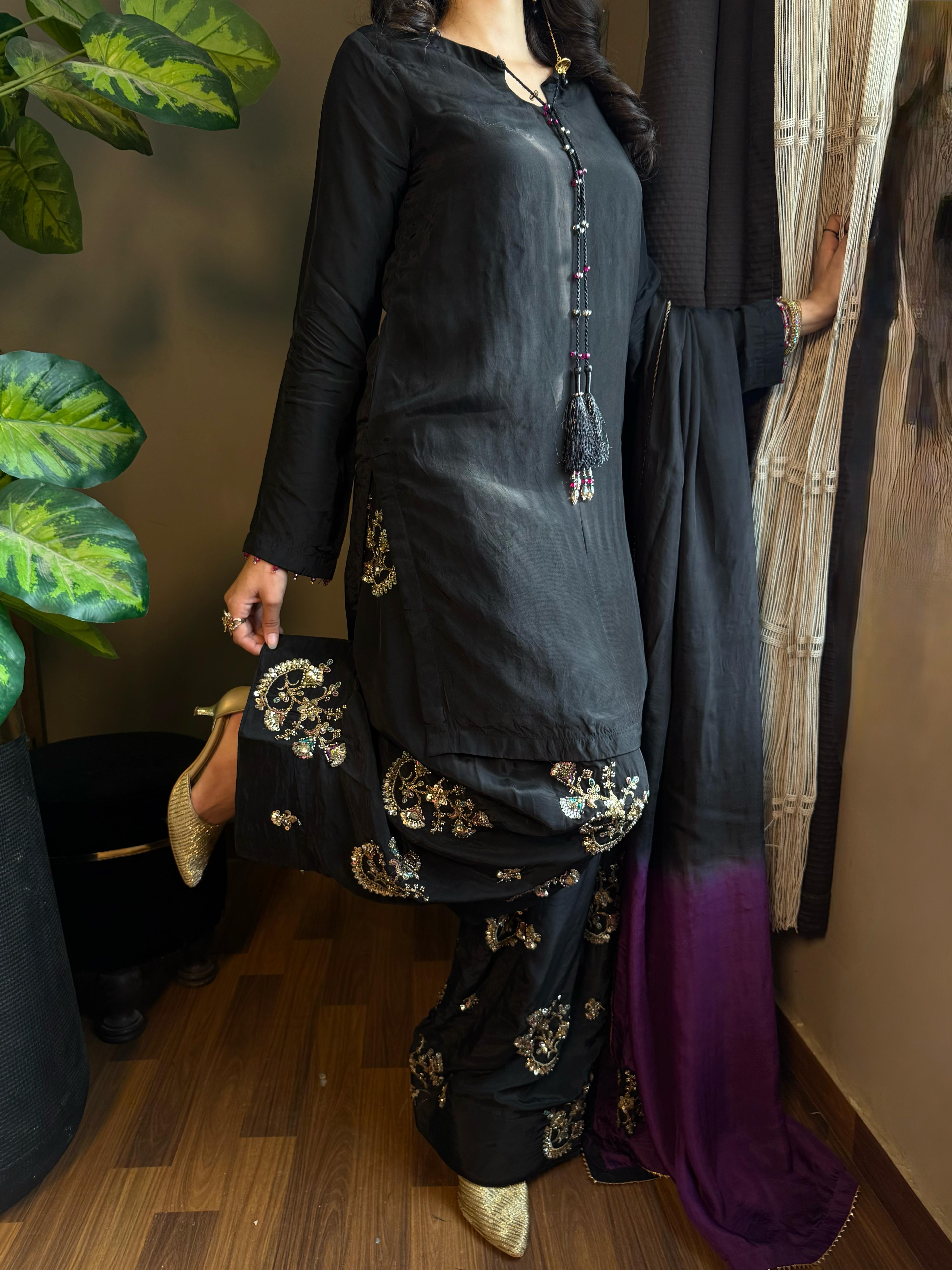 Black & Purple Embroidered Raw Silk Farshi Suit