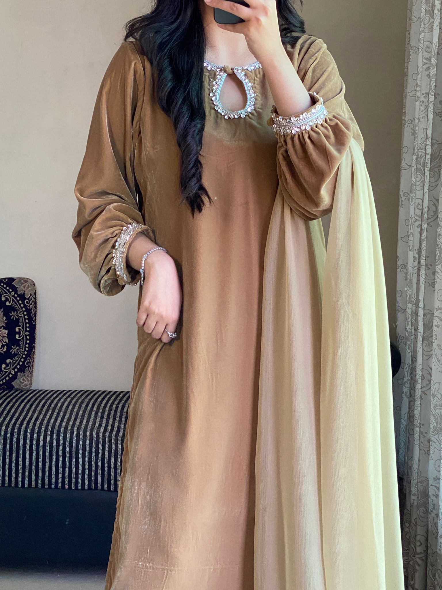 Luxurious Camel Brown Velvet Embroidered 3-Piece Suit