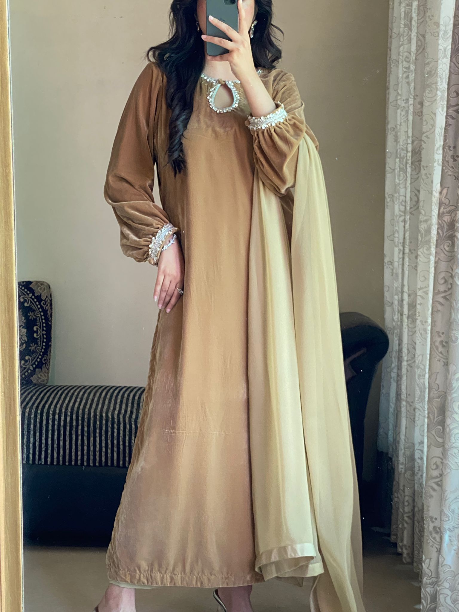 Luxurious Camel Brown Velvet Embroidered 3-Piece Suit