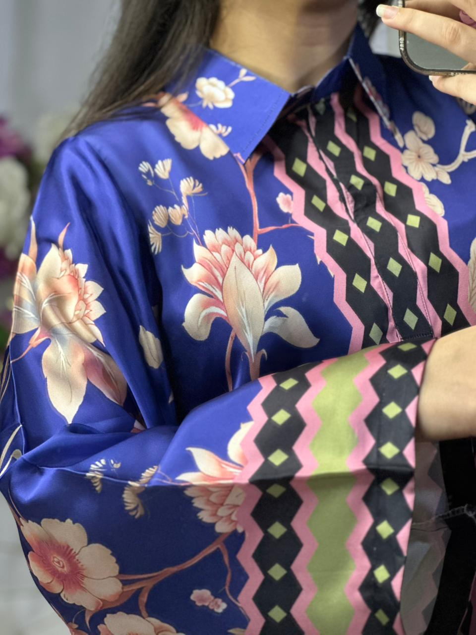 Vibrant Royal Blue Floral Print Silk 3-Piece Cord Set
