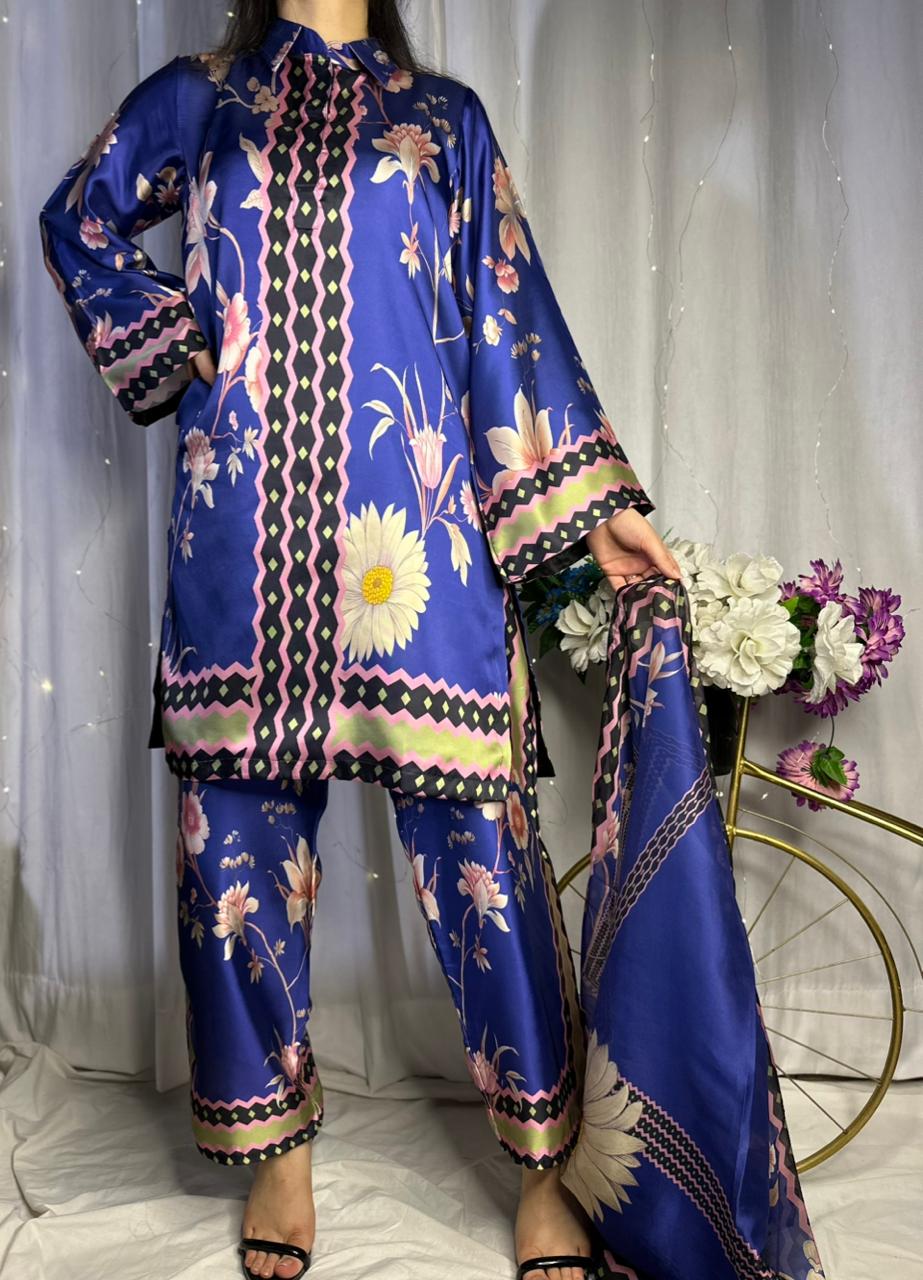 Vibrant Royal Blue Floral Print Silk 3-Piece Cord Set