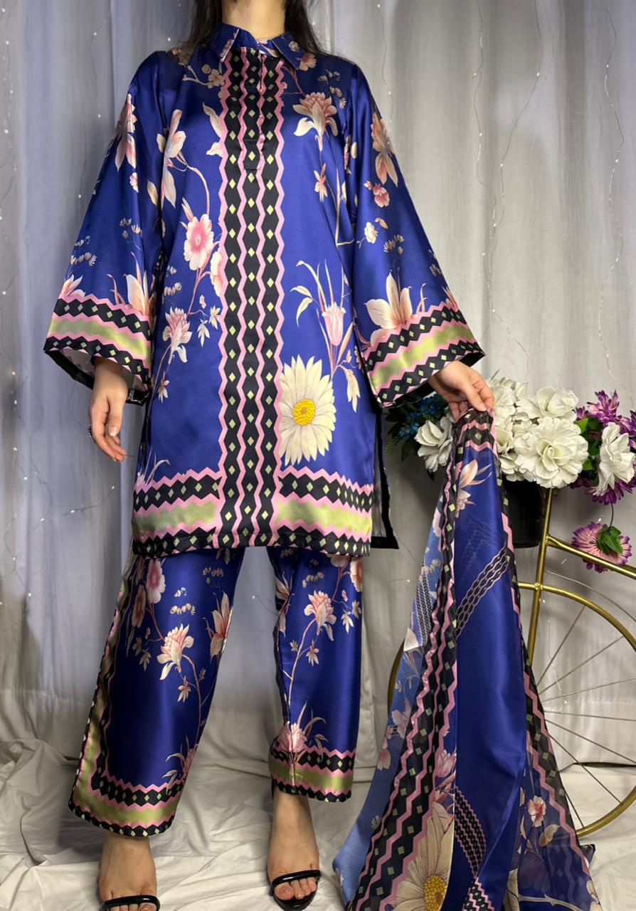 Vibrant Royal Blue Floral Print Silk 3-Piece Cord Set