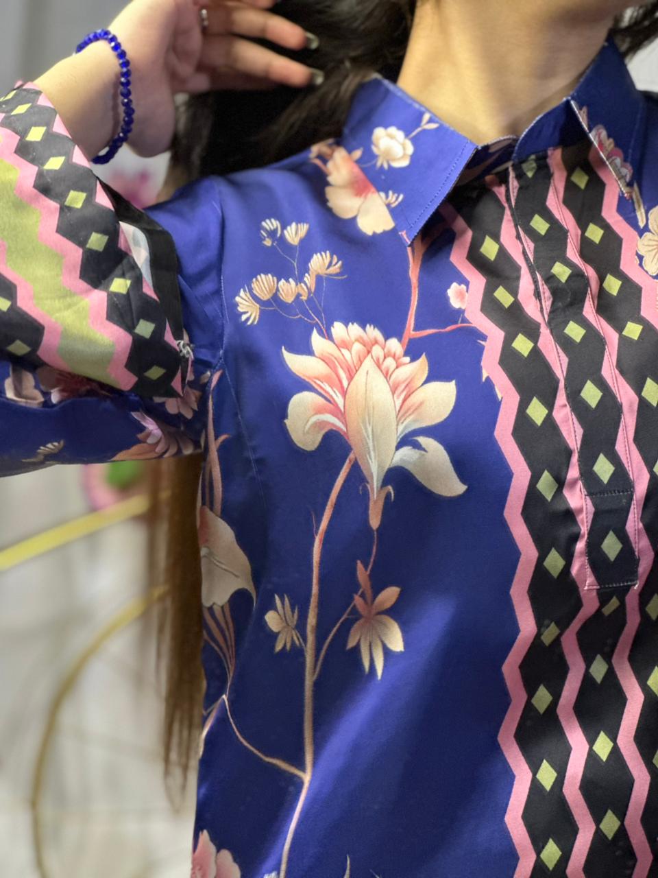 Vibrant Royal Blue Floral Print Silk 3-Piece Cord Set