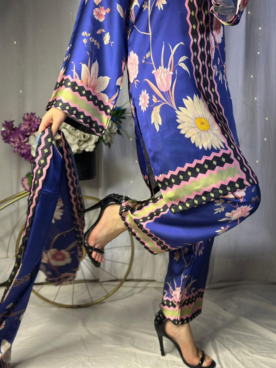 Vibrant Royal Blue Floral Print Silk 3-Piece Cord Set