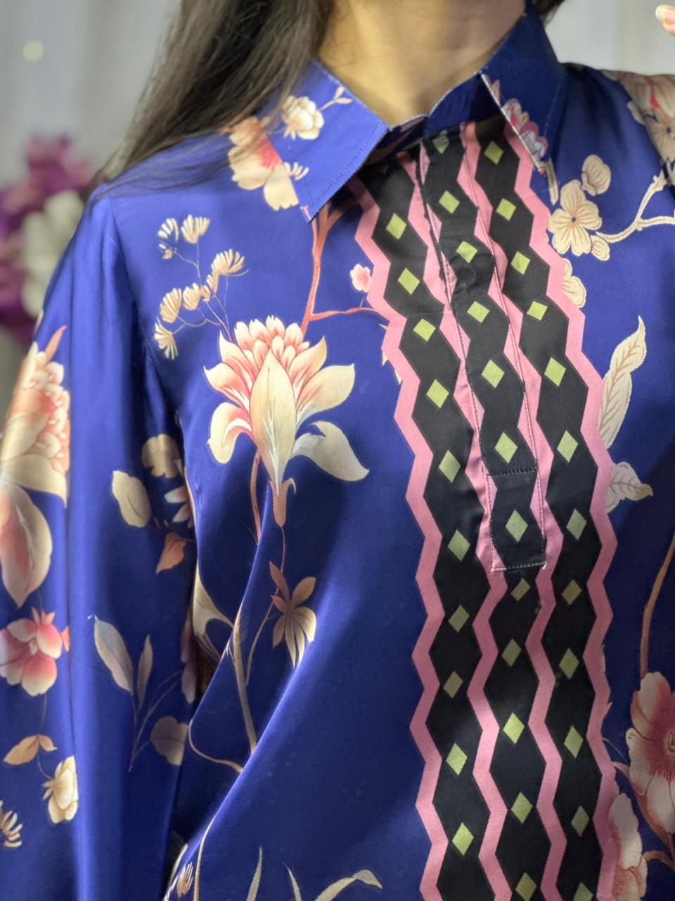 Vibrant Royal Blue Floral Print Silk 3-Piece Cord Set