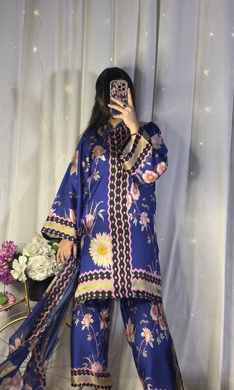 Vibrant Royal Blue Floral Print Silk 3-Piece Cord Set