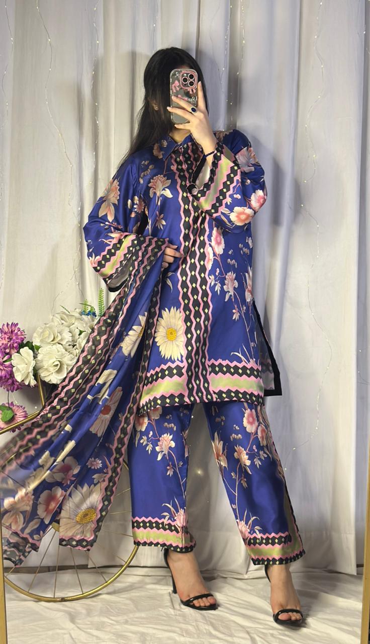 Vibrant Royal Blue Floral Print Silk 3-Piece Cord Set