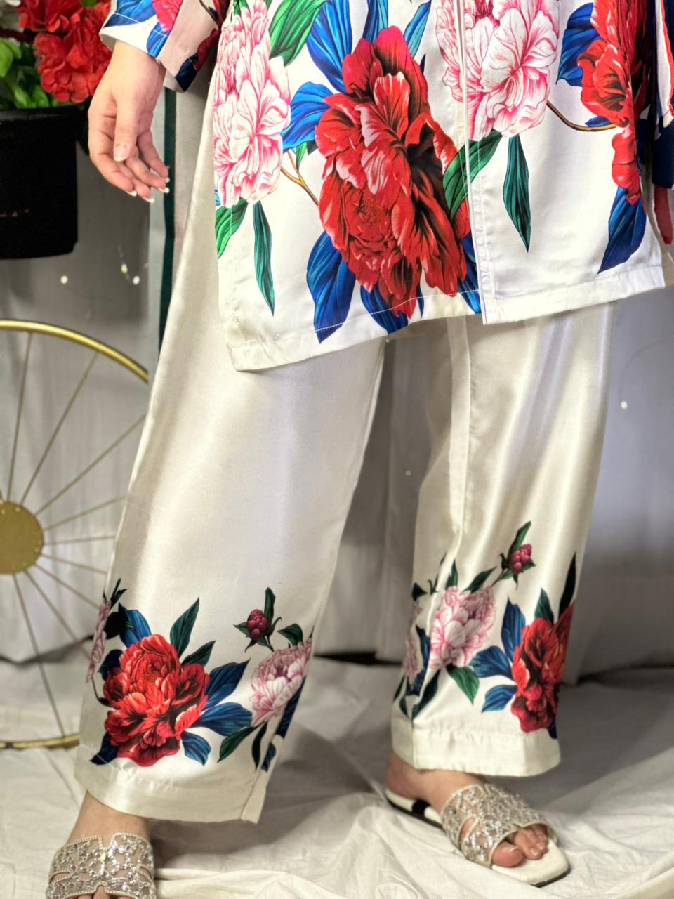 Elegant White Silk 3-Piece Cord Set with Bold Floral Print