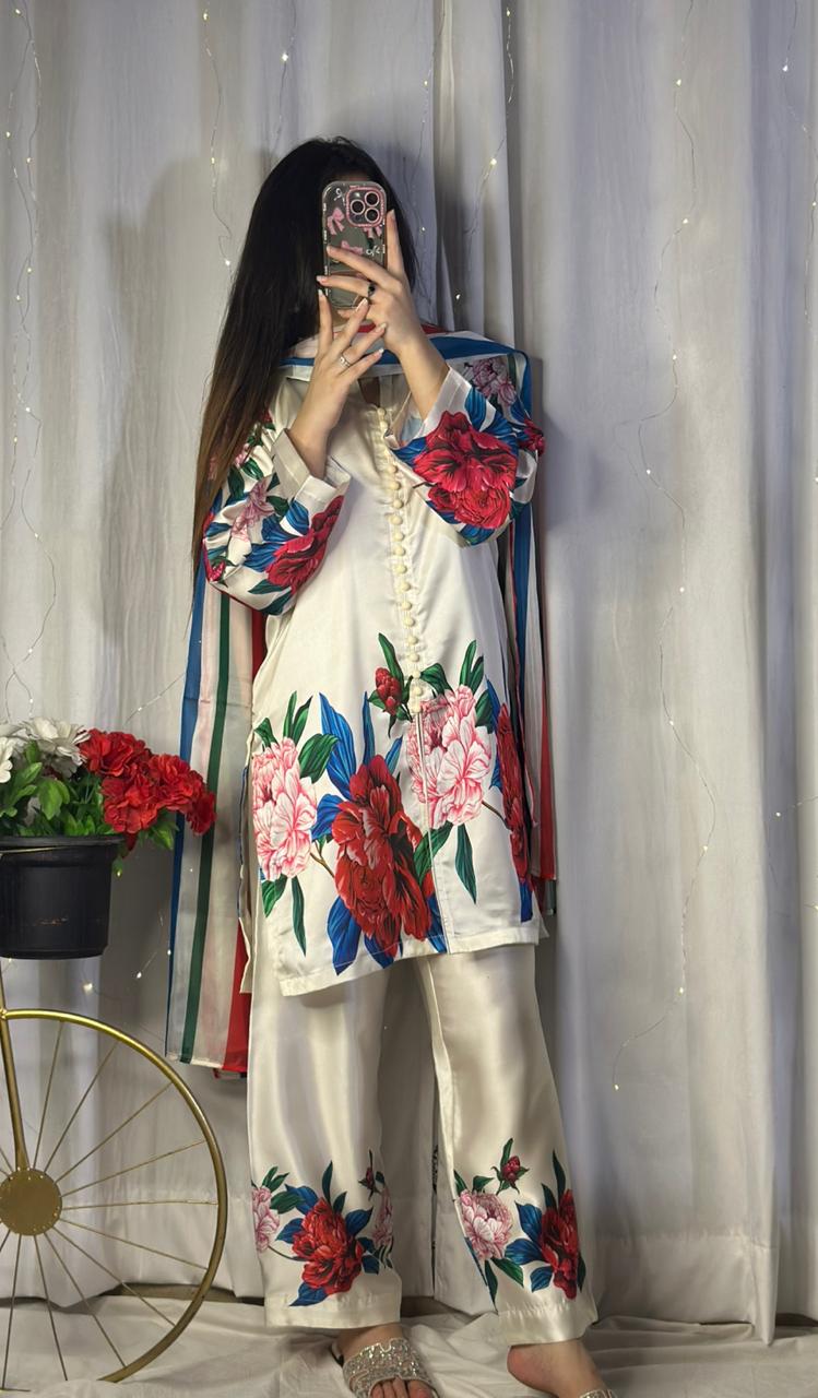 Elegant White Silk 3-Piece Cord Set with Bold Floral Print