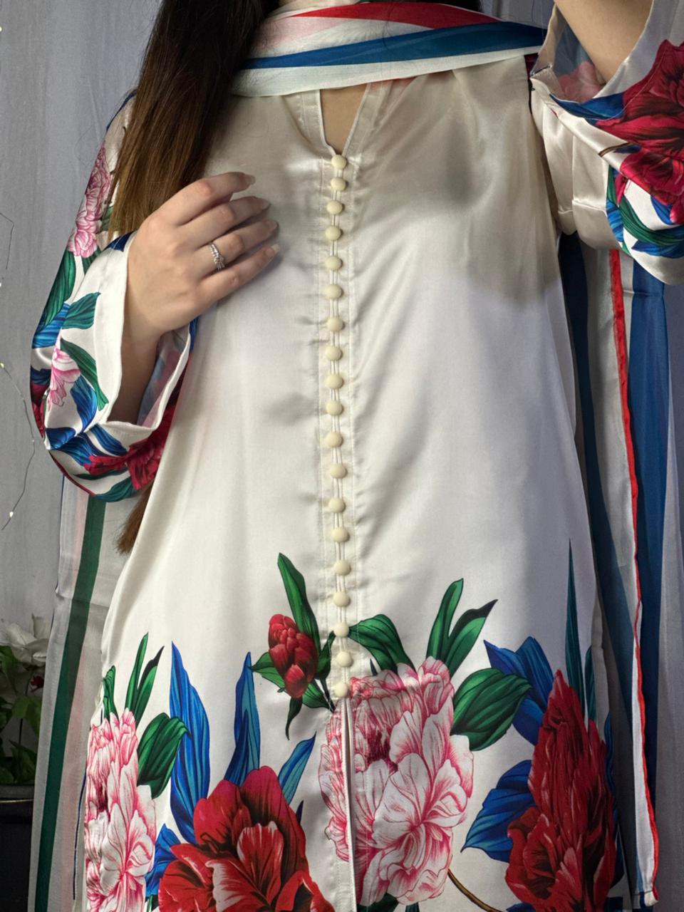 Elegant White Silk 3-Piece Cord Set with Bold Floral Print