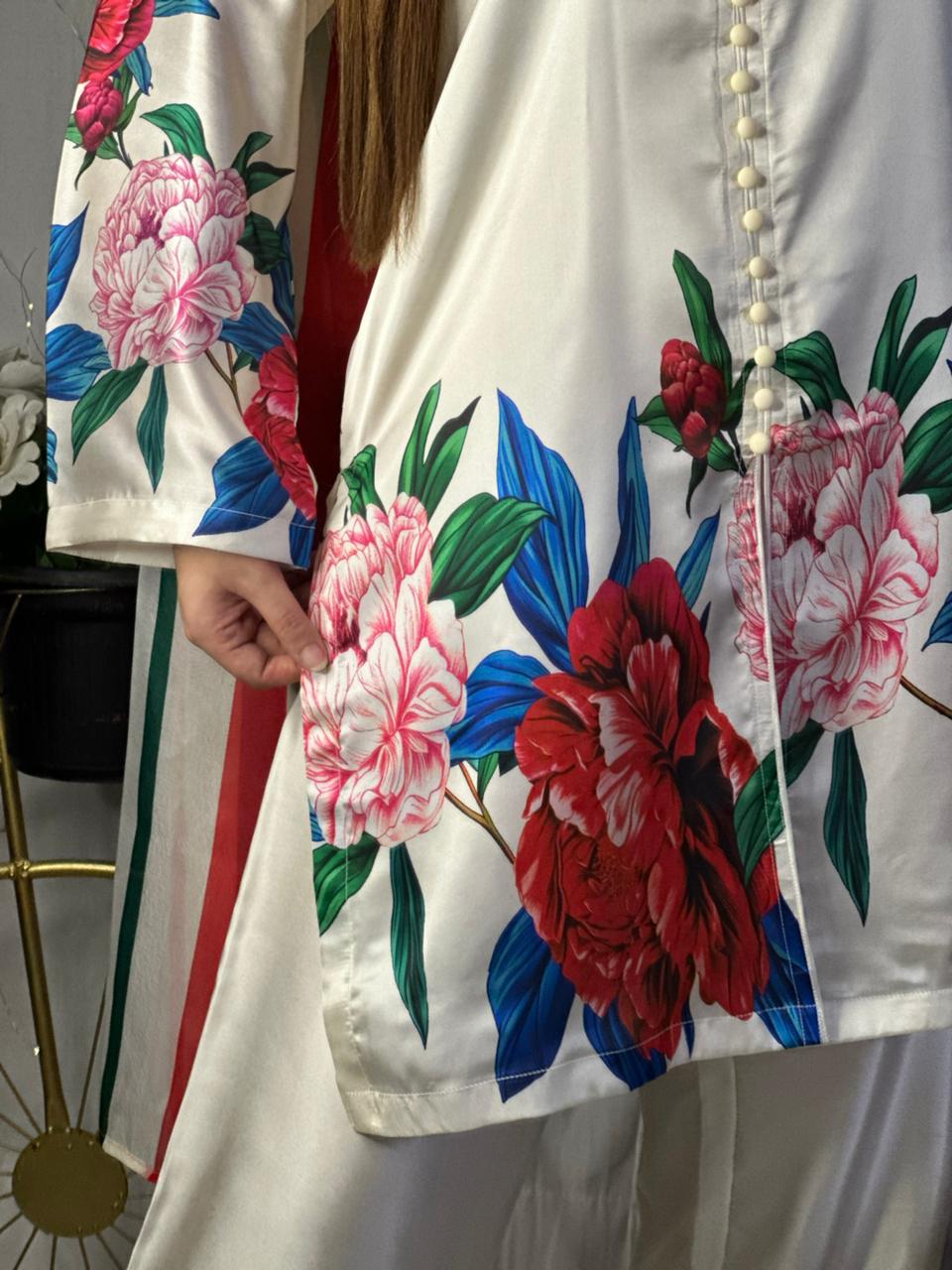 Elegant White Silk 3-Piece Cord Set with Bold Floral Print