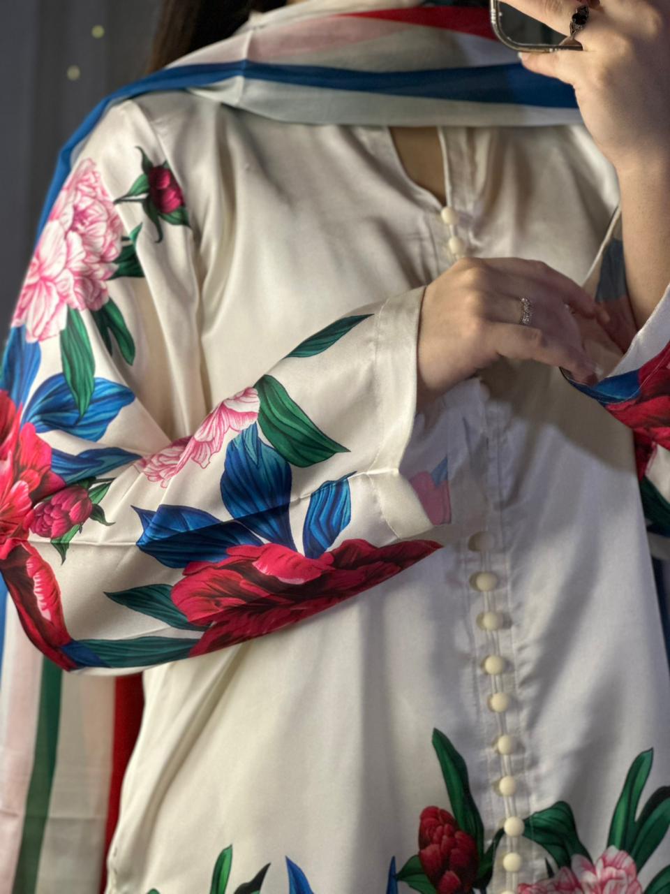 Elegant White Silk 3-Piece Cord Set with Bold Floral Print
