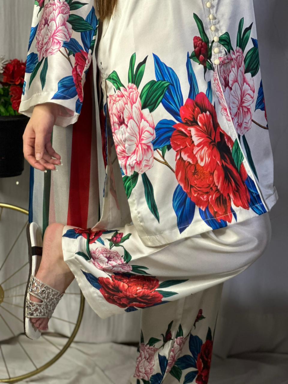 Elegant White Silk 3-Piece Cord Set with Bold Floral Print