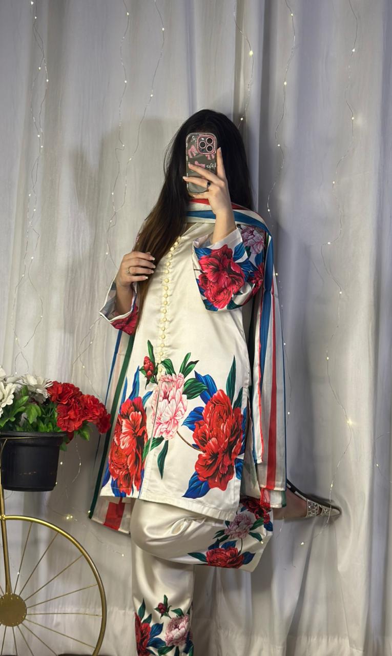 Elegant White Silk 3-Piece Cord Set with Bold Floral Print