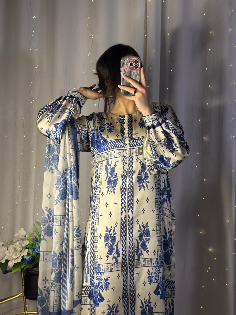 Chic Blue & White Geometric Print Silk 3-Piece Cord Set