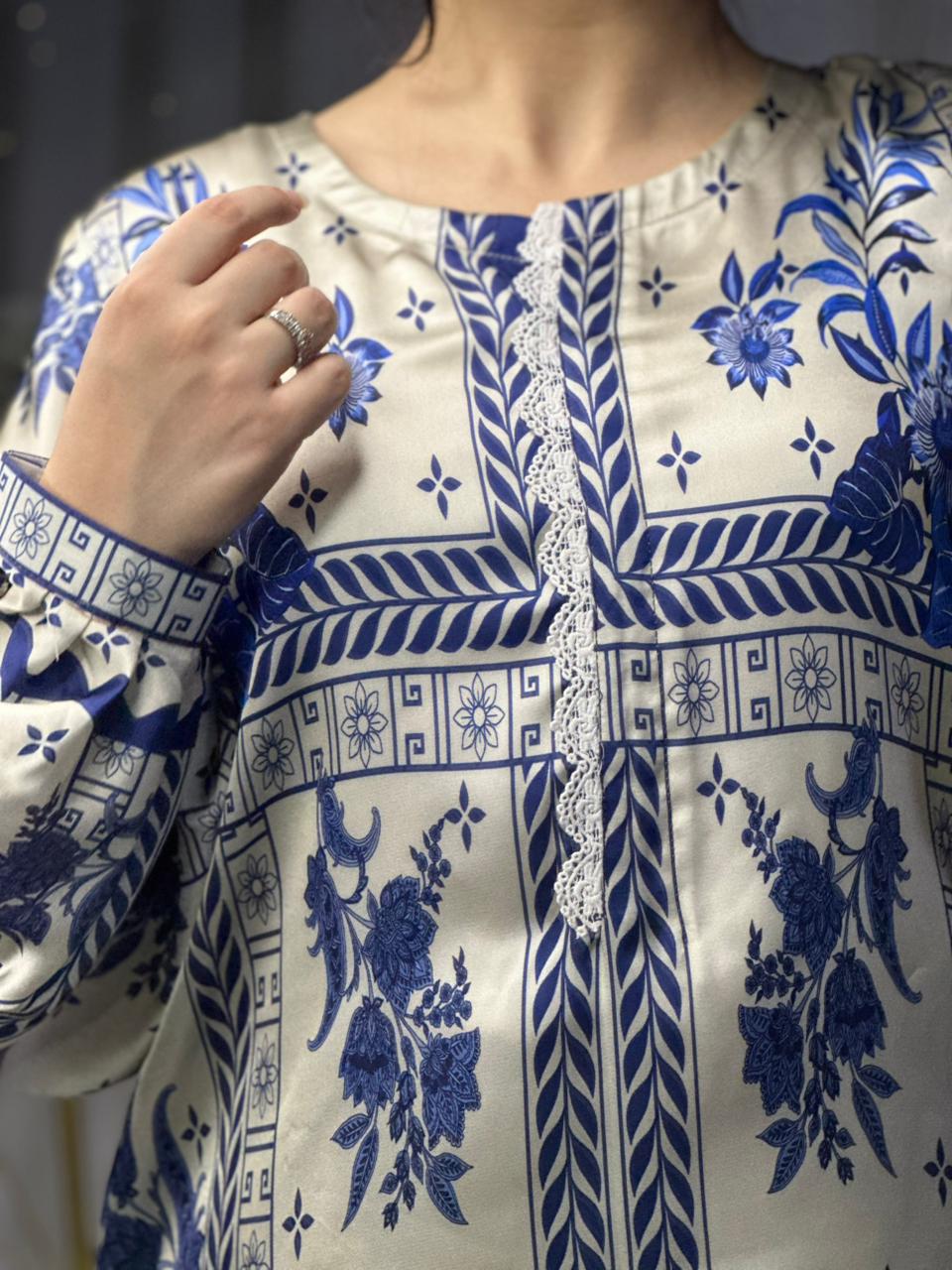 Chic Blue & White Geometric Print Silk 3-Piece Cord Set