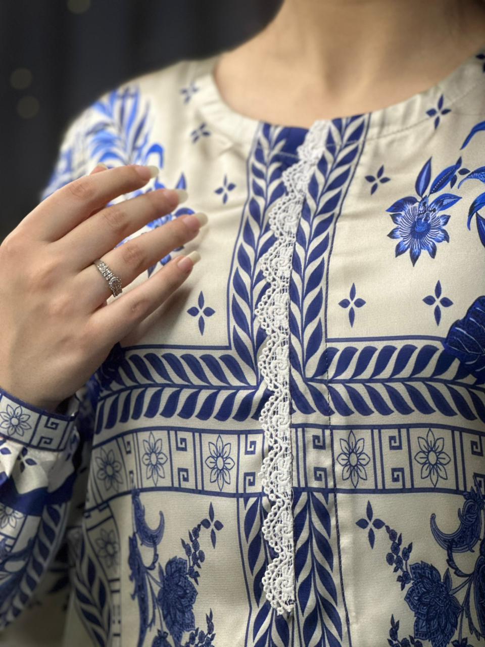 Chic Blue & White Geometric Print Silk 3-Piece Cord Set